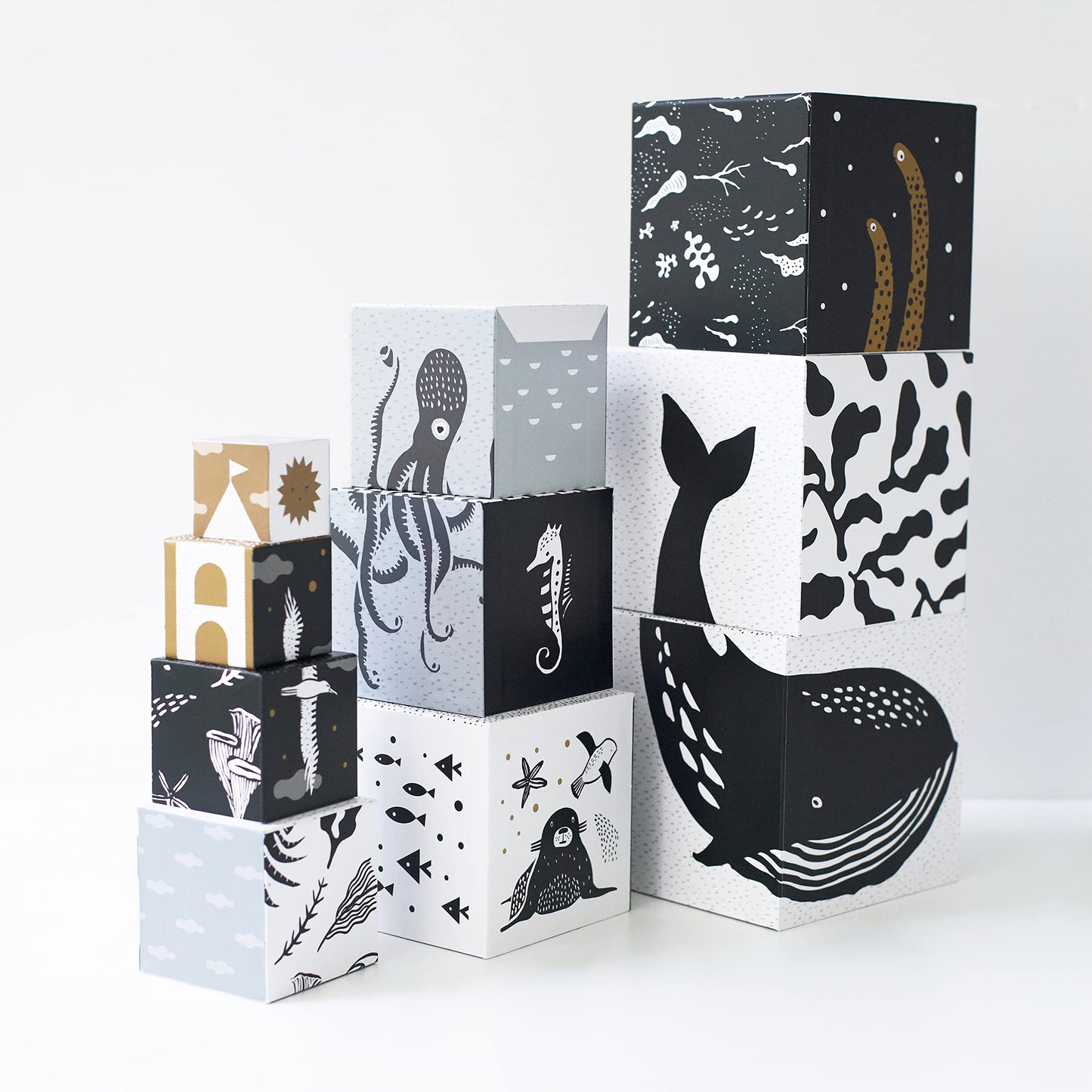 Wee Gallery Nesting Blocks - Ocean Animals And Numbers - Black And White Stacking And Building Toy For Toddlers And Kids - Motor