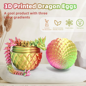 Flavery 3D Printed Dragon In Egg - Gold Green Pink - 5.1 Inch Tricolor Egg With Flexible Crystal Dragon Inside, Colorful Fidget