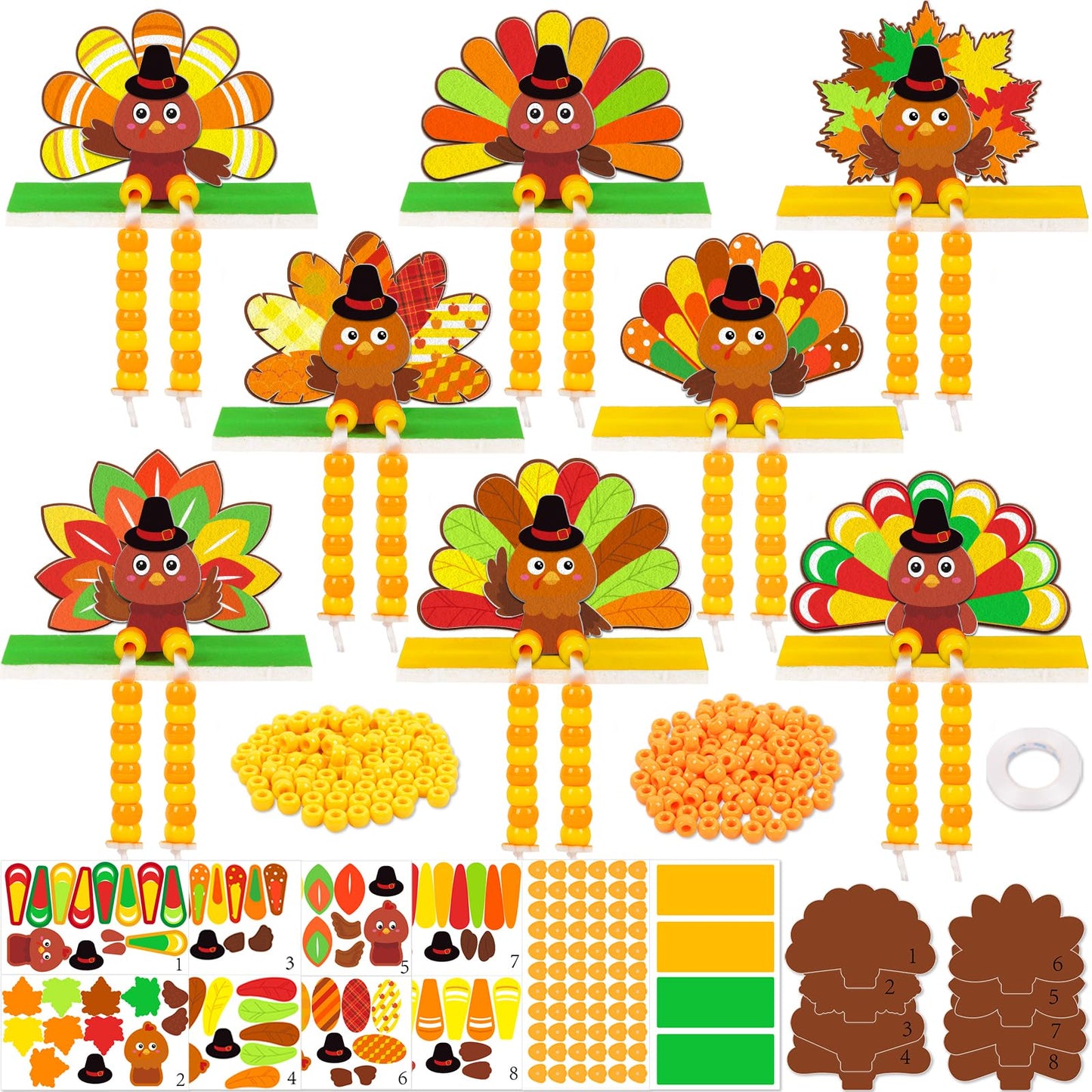 Moon Boat 28 Sets Thanksgiving Crafts for Kids - DIY Fall Felt Turkey with Beads Kit, Bulk for Autumn, Holiday, Halloween Art Ac