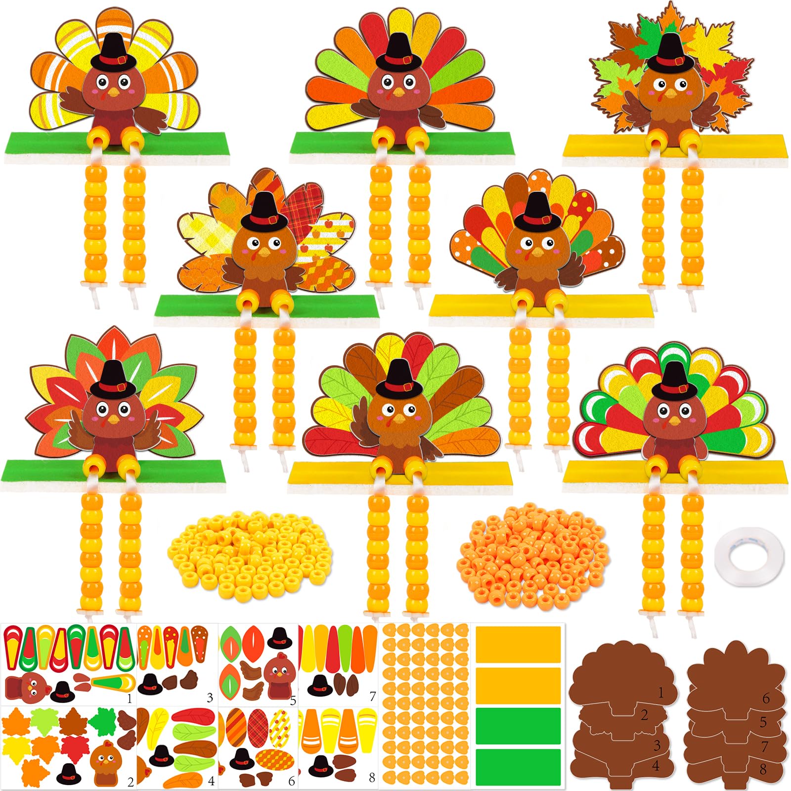 Moon Boat 28 Sets Thanksgiving Crafts for Kids - DIY Fall Felt Turkey with Beads Kit, Bulk for Autumn, Holiday, Halloween Art Ac