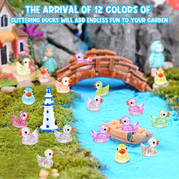GOKUPOK 120 Pcs Glitter Mini Resin Ducks 12 Colors Little Duck Figures Tiny Ducks for DIY Garden Micro Landscape Aquarium Potted
