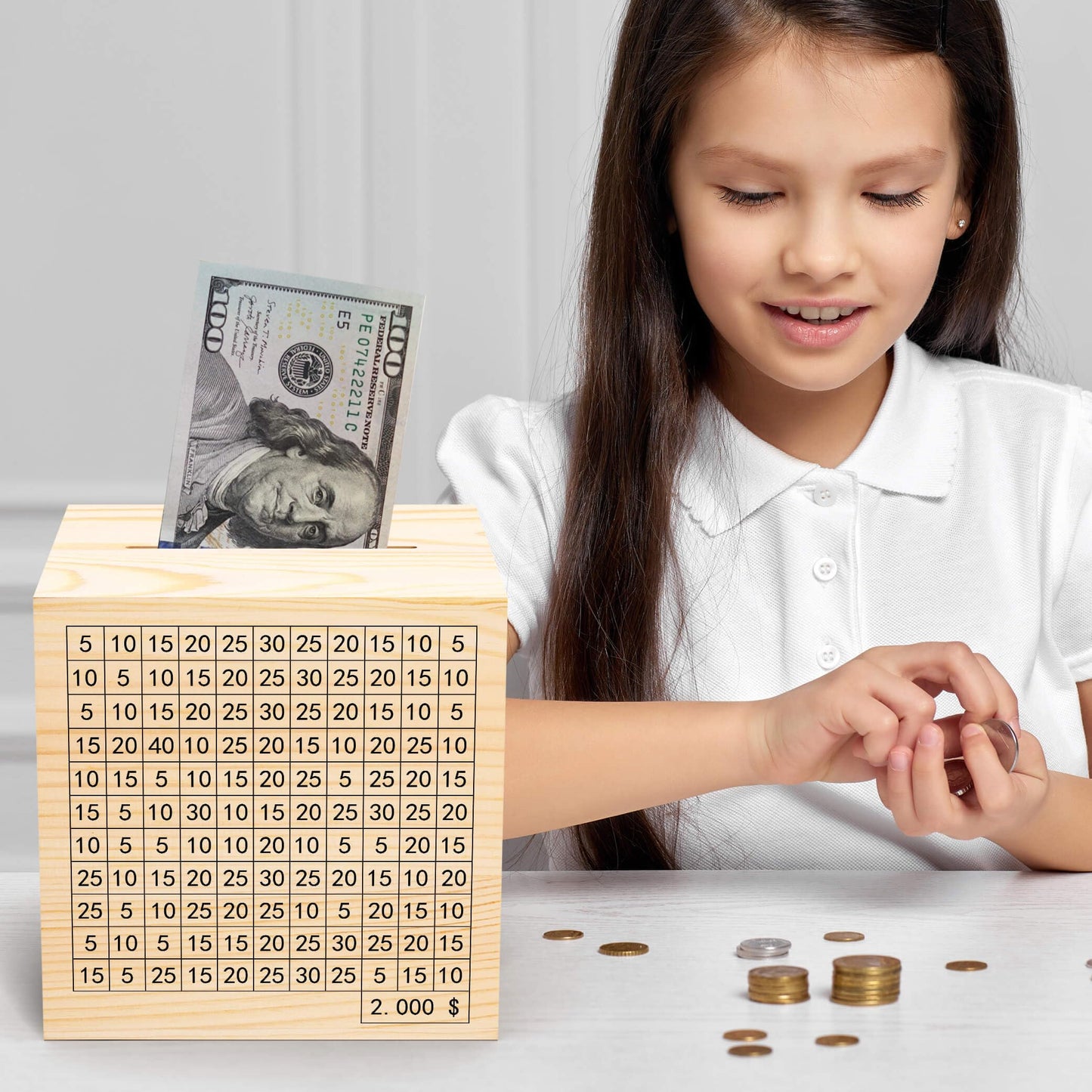 Hchangen Wooden Savings Challenge Box For Adults Kids, Wood Coin Piggy Bank, Must Break To Open Cash Savings Box For $2000 Targe