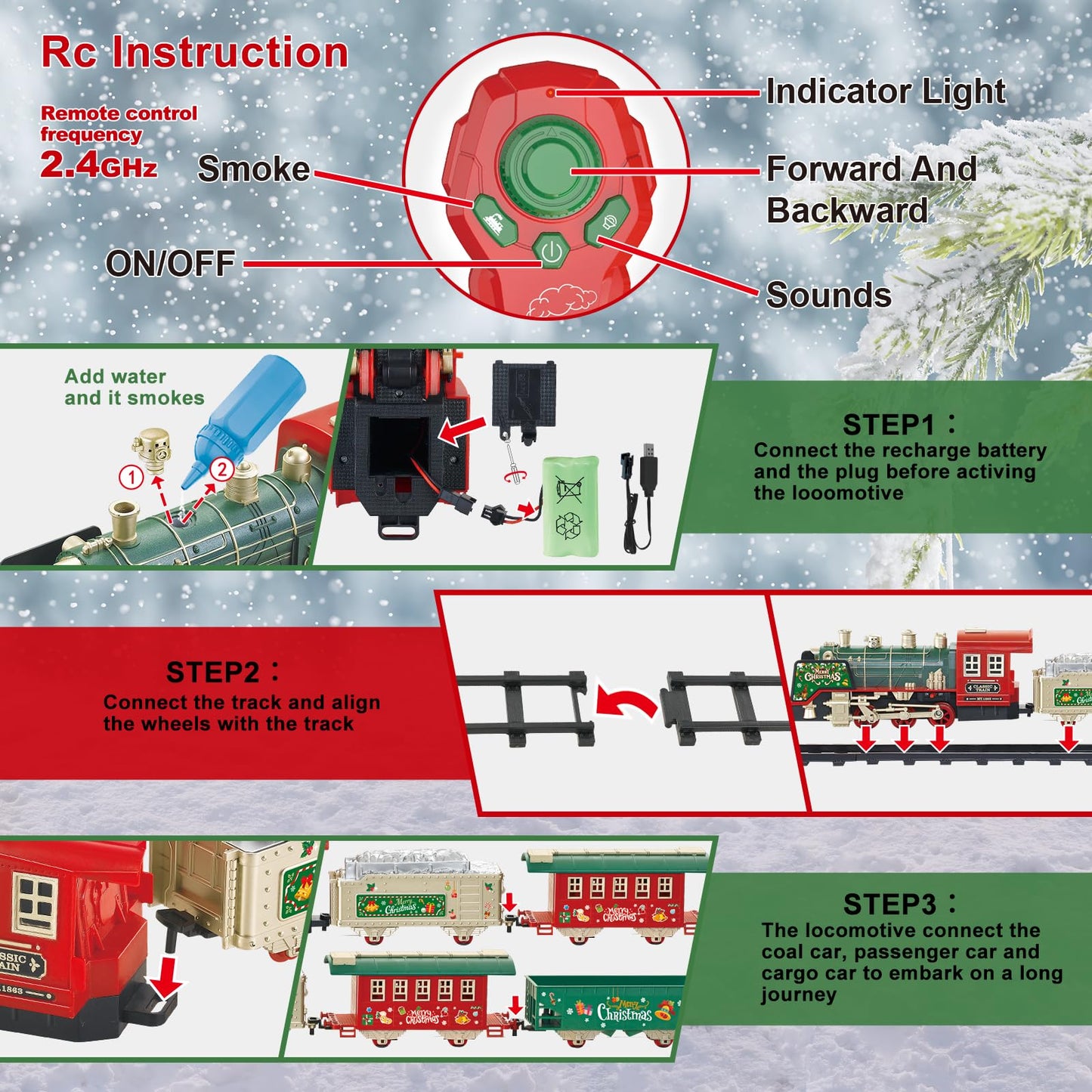 Juqu Train Set, Christmas Train With Remote Control Train Toys W/Smoke, Whistle & Lights, Christmas Train Sets For Around The Tr