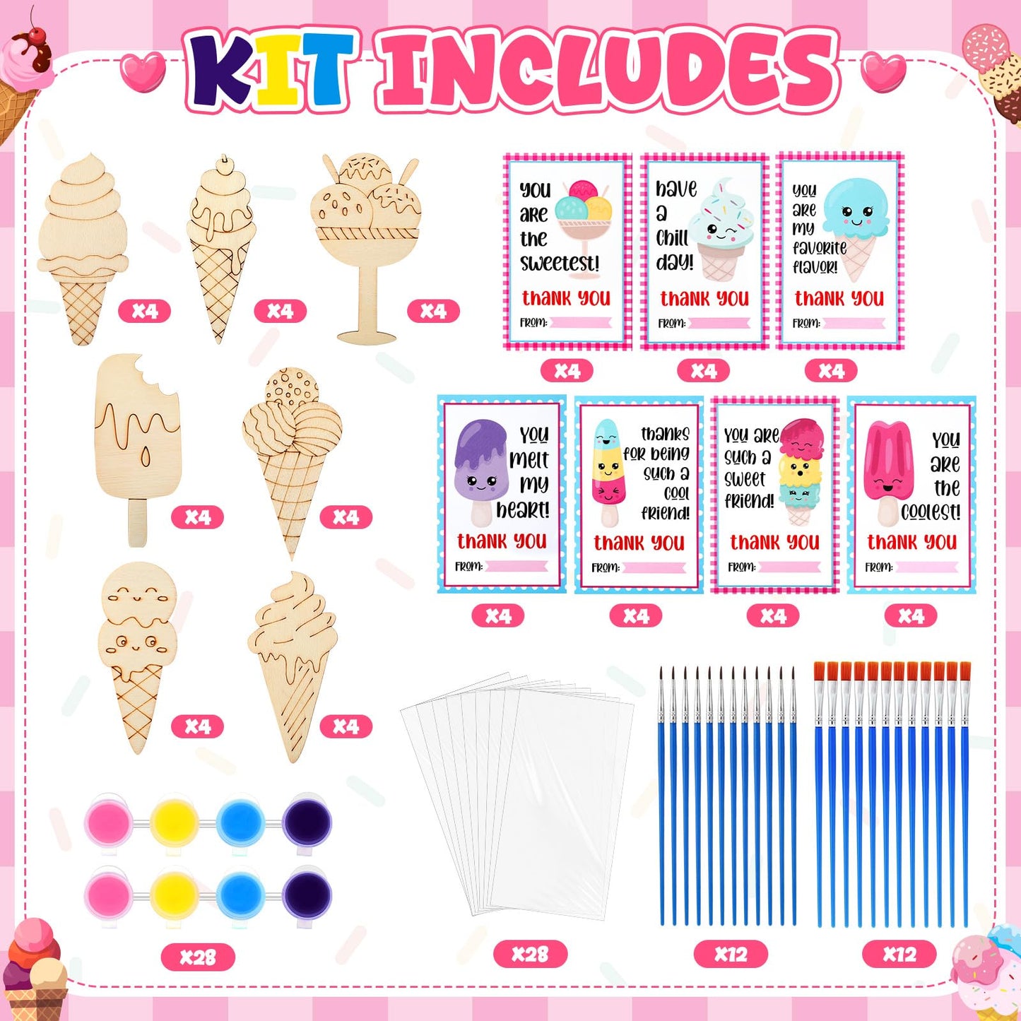Leinuosen 28 Sets Ice Cream Party Favors Wood Painting Craft Kits with Art Supplies and Inspirational Cards Thank You for Coming