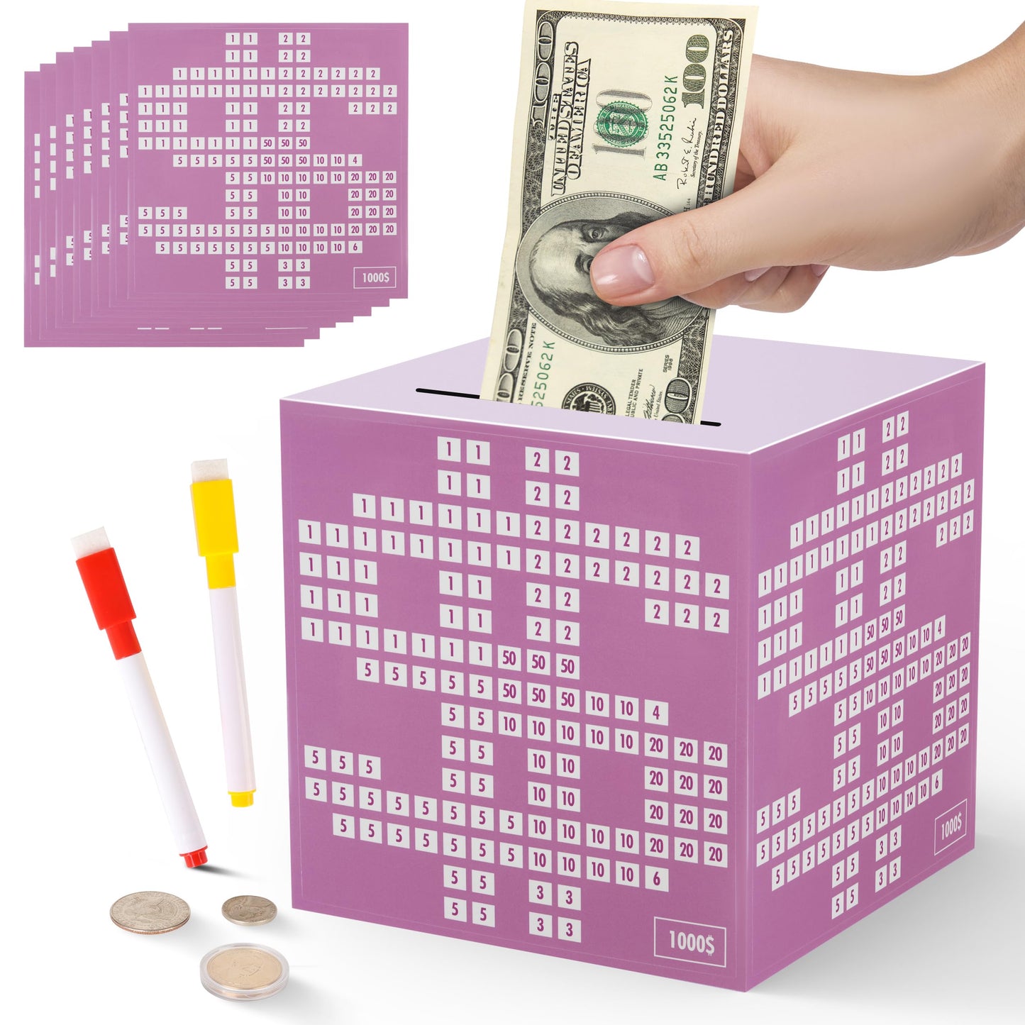 Primo Lines Purple Piggy Bank for Girl,10k Savings Challenge Box, Money Saving Box 10,000 with Counter for Savings Goal $3000 $5