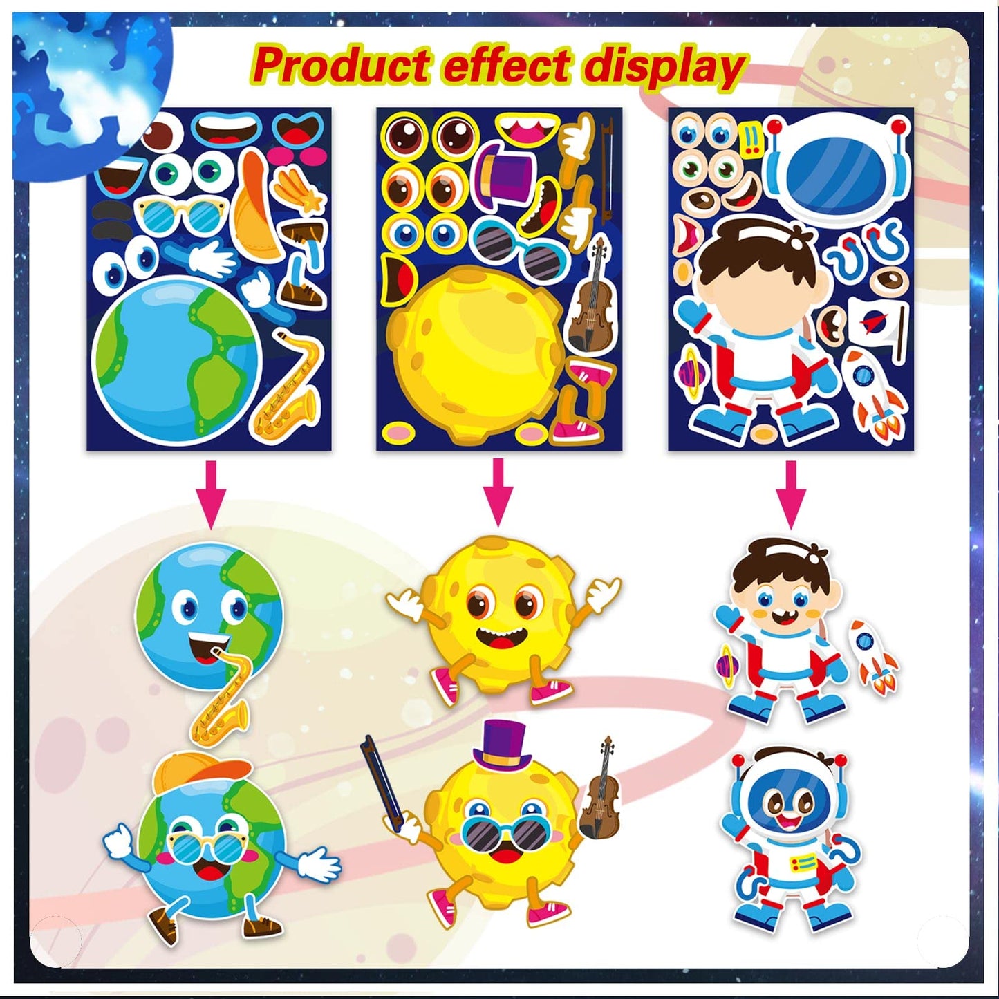 24 Sheets Space Stickers For Kids Make Your Own Astronaut Stickers, Make A Face Planet Stickers Mix Of Alien, Rocket, Ship And M