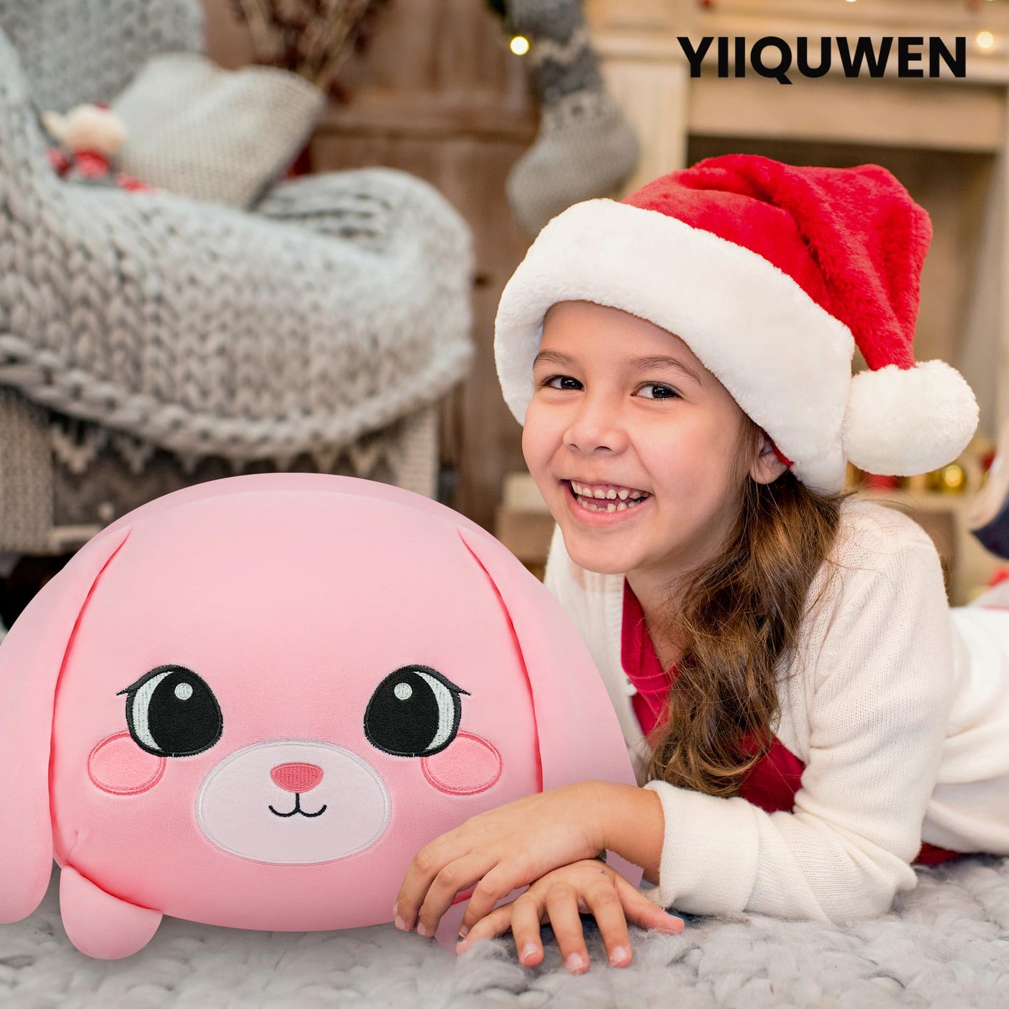 YIIQUWEN Pink Bunny Plush, Rabbit Mommy Stuffed Animal Set with 4 Baby Bunnies, Soft Stuffed Toy Pillow, Cute Birthday for Kids