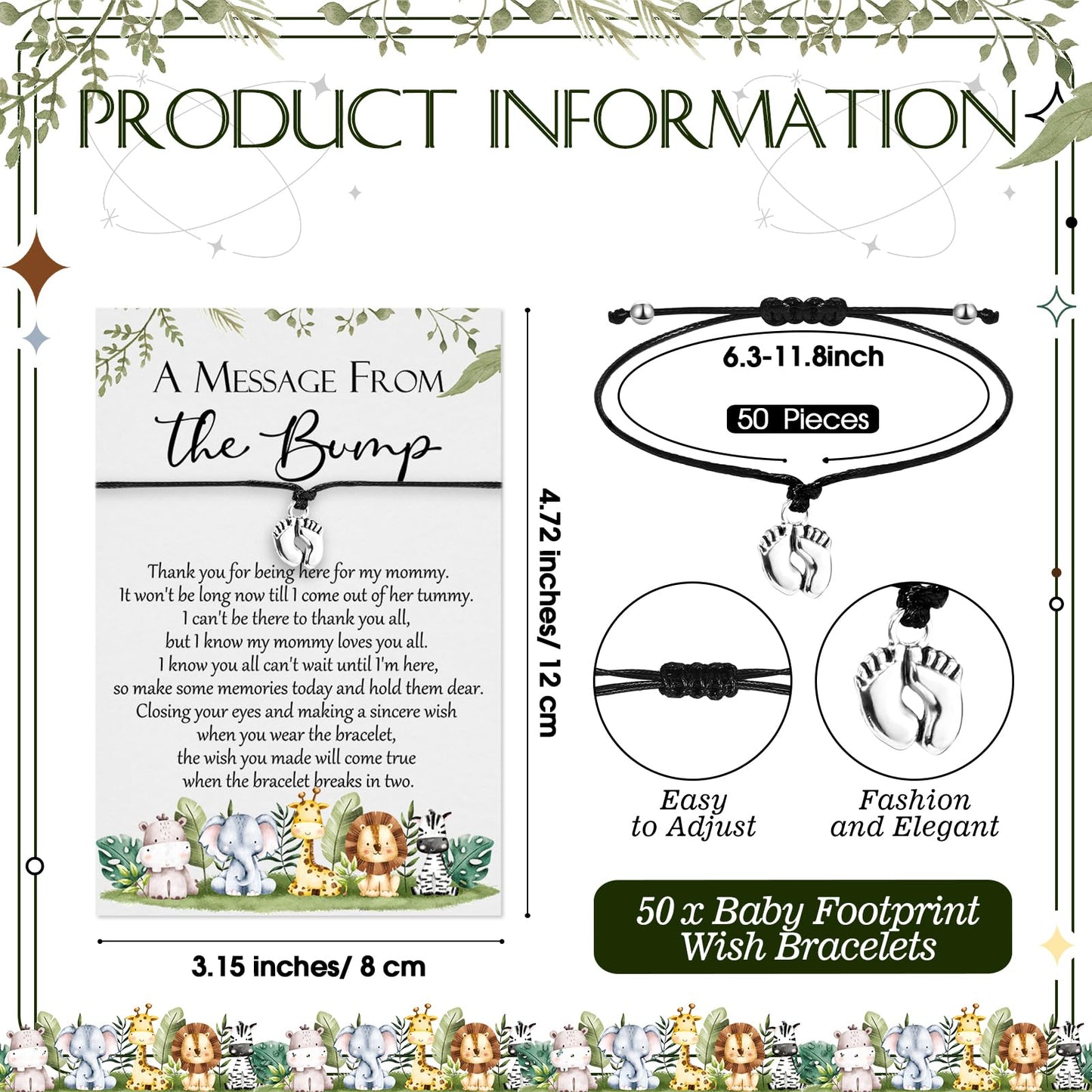 Thyle 50 Sets Baby Shower Favors For Guests 50 Adjustable Bracelets With 50 Message From The Bump Card Footprints Charm Baby Sho