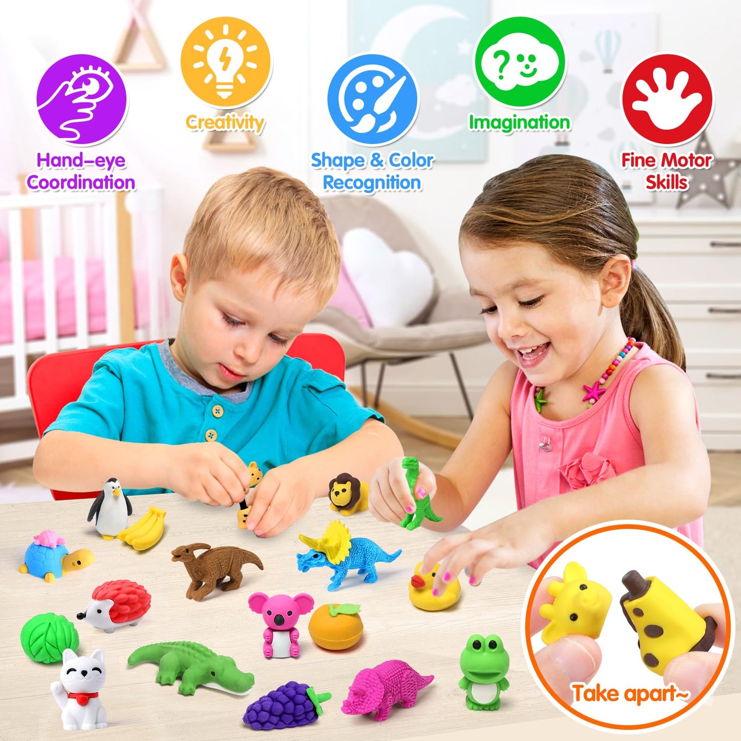 Arscniek 40 Pack 3D Puzzle Animal & Food Erasers for Kids, Take Apart Mini Pencil Erasers, Bulk Party Favors, Classroom Prizes,