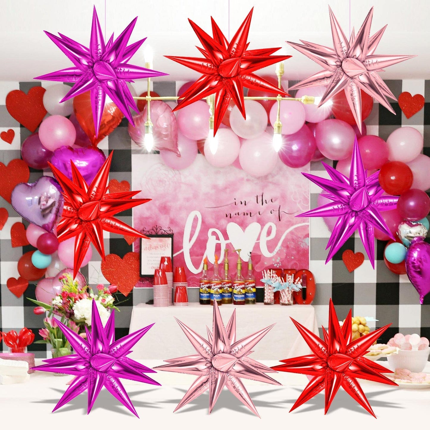 72 Pcs Pink Red Rose Gold Star Balloons, Big 26 Inch Explosion Starburst Foil Cone Balloons, Valentines Day Theme Balloons, 12 P