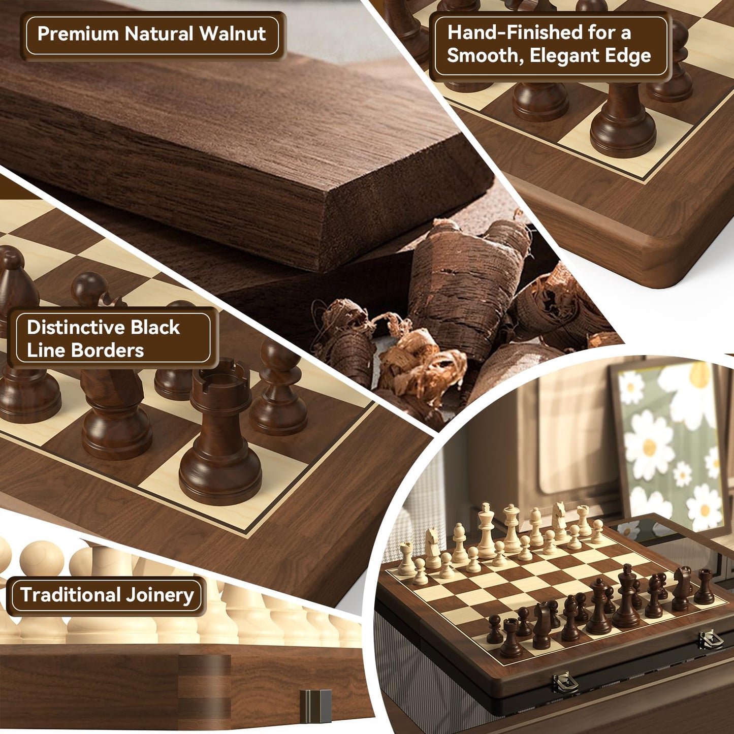 Premium Natural Walnut 15'' Magnetic Wooden Folding Chess & Checkers Set- 2 In 1 Board Game With 3'' King Staunton Pieces And 2