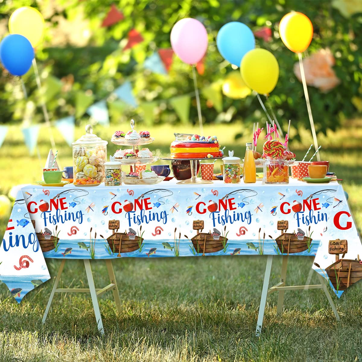 Grehumor 3Pcs Gone Fishing Tablecloth For Fishing Party Supplies Decoration Little Fisherman Themed Table Cover Plastic Disposab