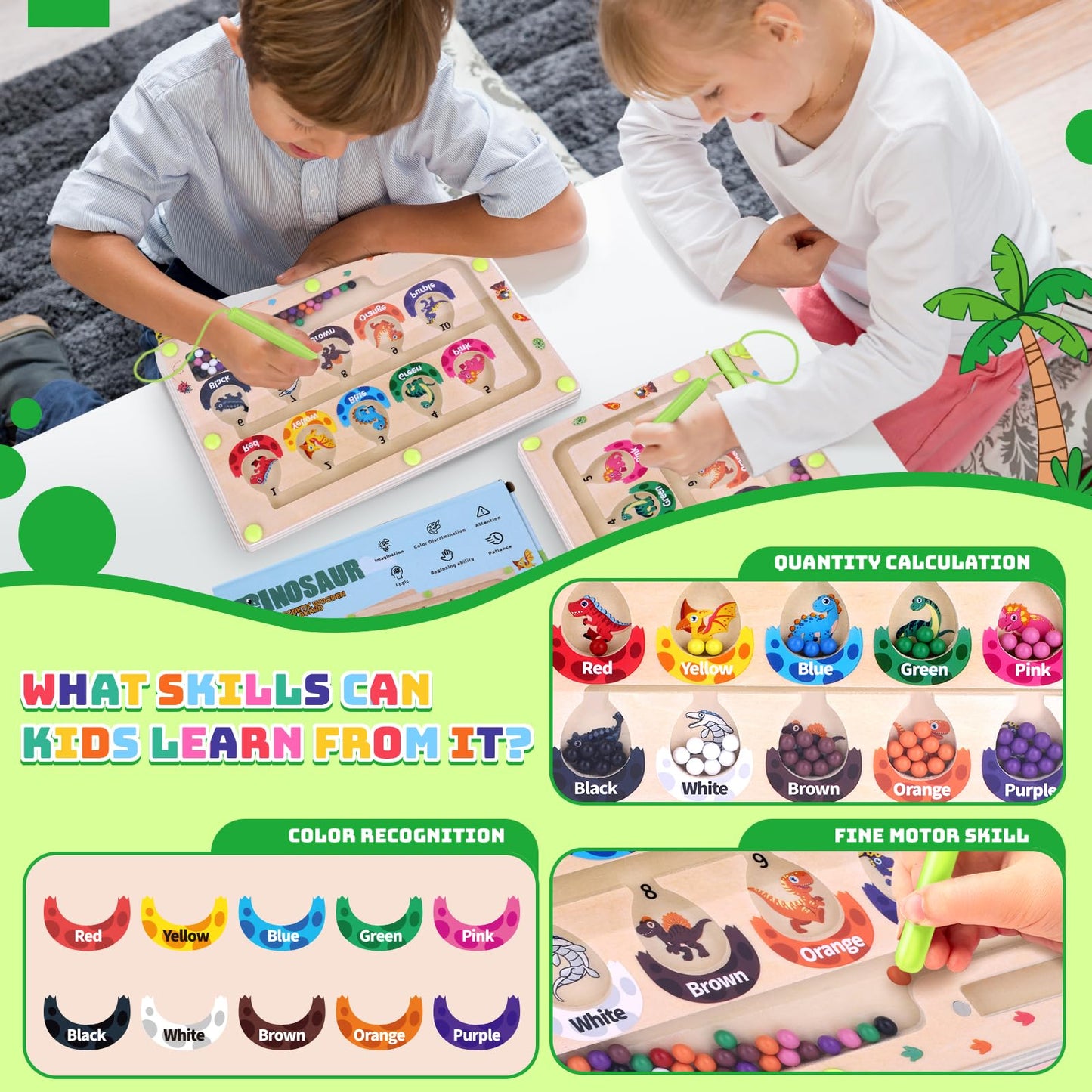 Uiseba Dinosaur Mini Magnetic Color And Number Maze Montessori Toy For Ages 3 4 5, Toddler Busy Board, Educational Preschool Lea