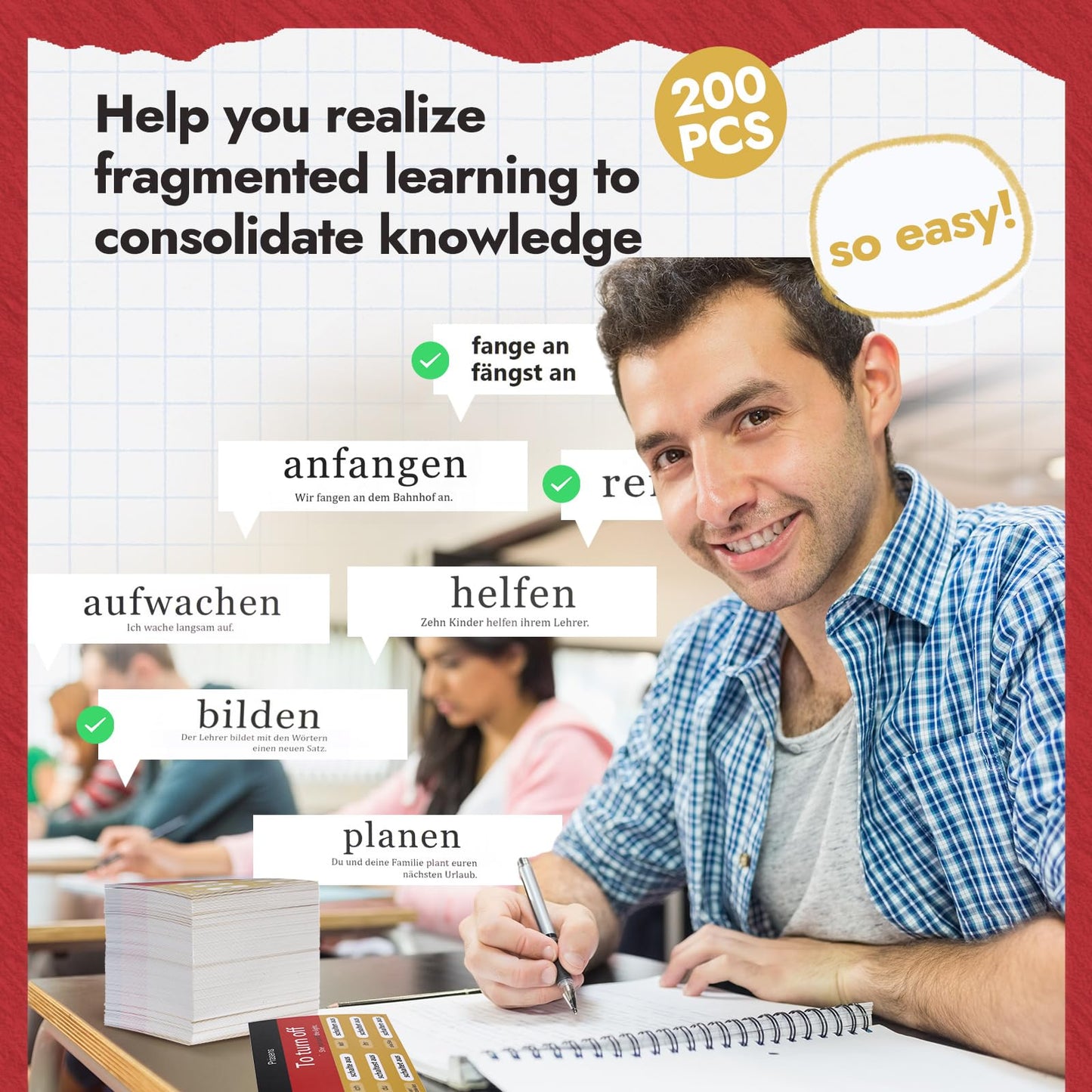 Resurhang German Flashcards - 200 Pcs Verb Conjugation Present Tense Study Cards for Adults & Kids - Paper Material