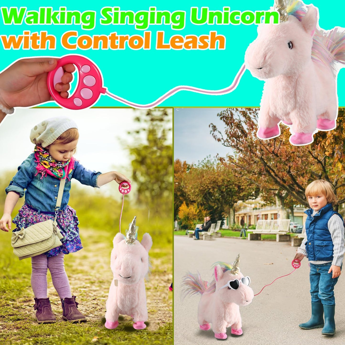 Pink Walking Unicorn Toy Set Singing Dancing Electronic Plush Unicorn With Control Leash, Realistic Footsteps Nodding Tail Wagging Pretend Dress Up Cute Wings Animated Stuffed Unicorn Gift For Girl