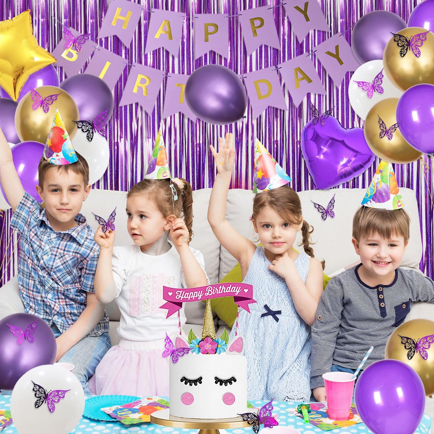 Msmancy Purple Birthday Decorations For Women Girl 65Pcs With Happy Birthday Banner Curtains Butterfly Heart Star Led Light And