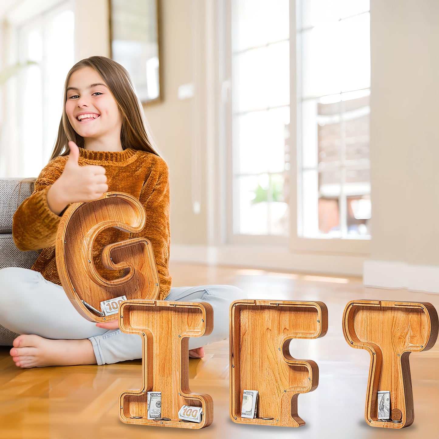 Custom Wooden Piggy Bank, ( Laser Engraved Name) Creative Twenty-Six English Alphabet Letter Storage Tank Personalized Letter Coin Bank Customized Wood Toy Diy Name Letter Kids Money Bank (R)