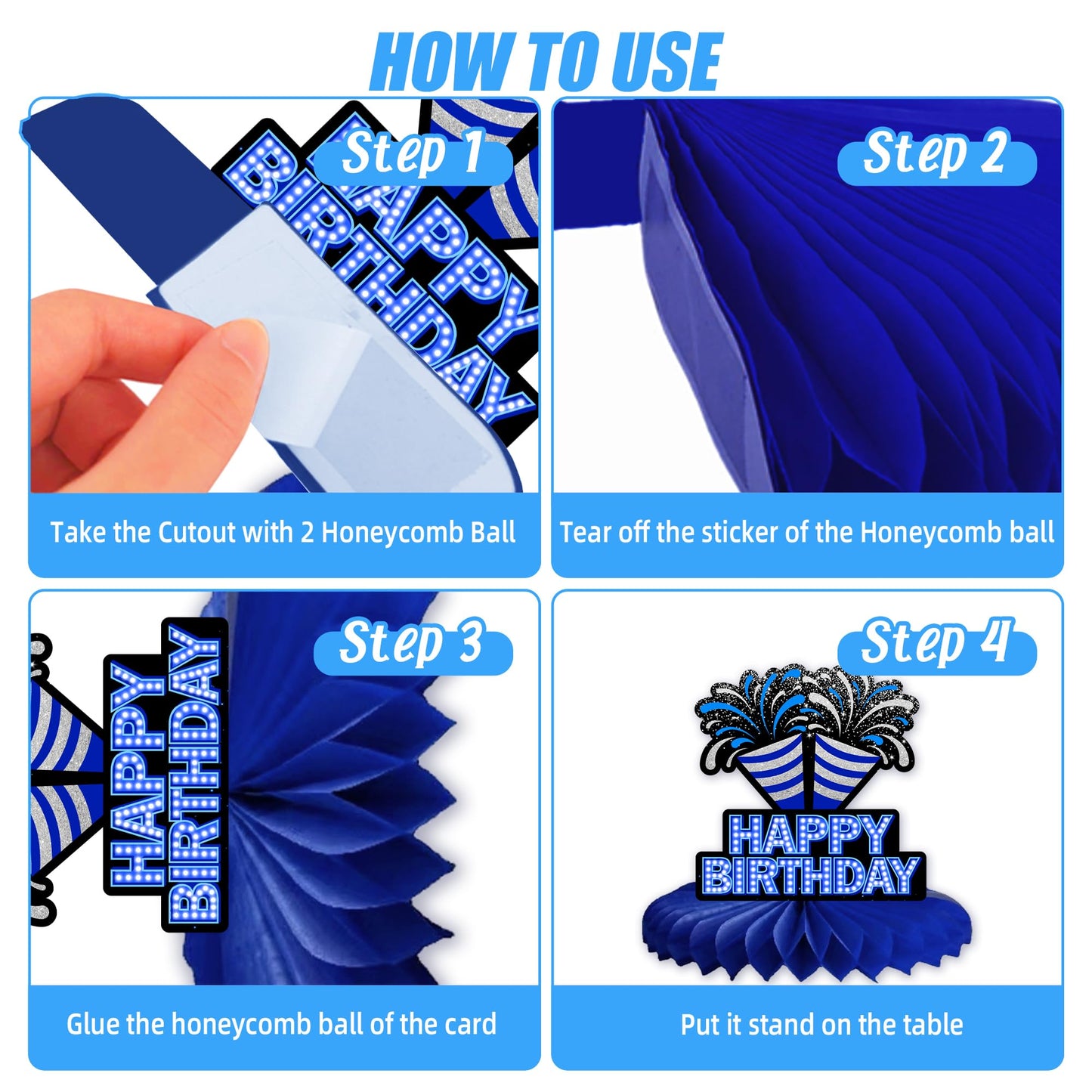 Happy 15th Birthday Honeycomb Centerpieces 9Pcs Stylish Sophisticated Blue Neon Theme Table Decor for Boys Girls Birthday Party