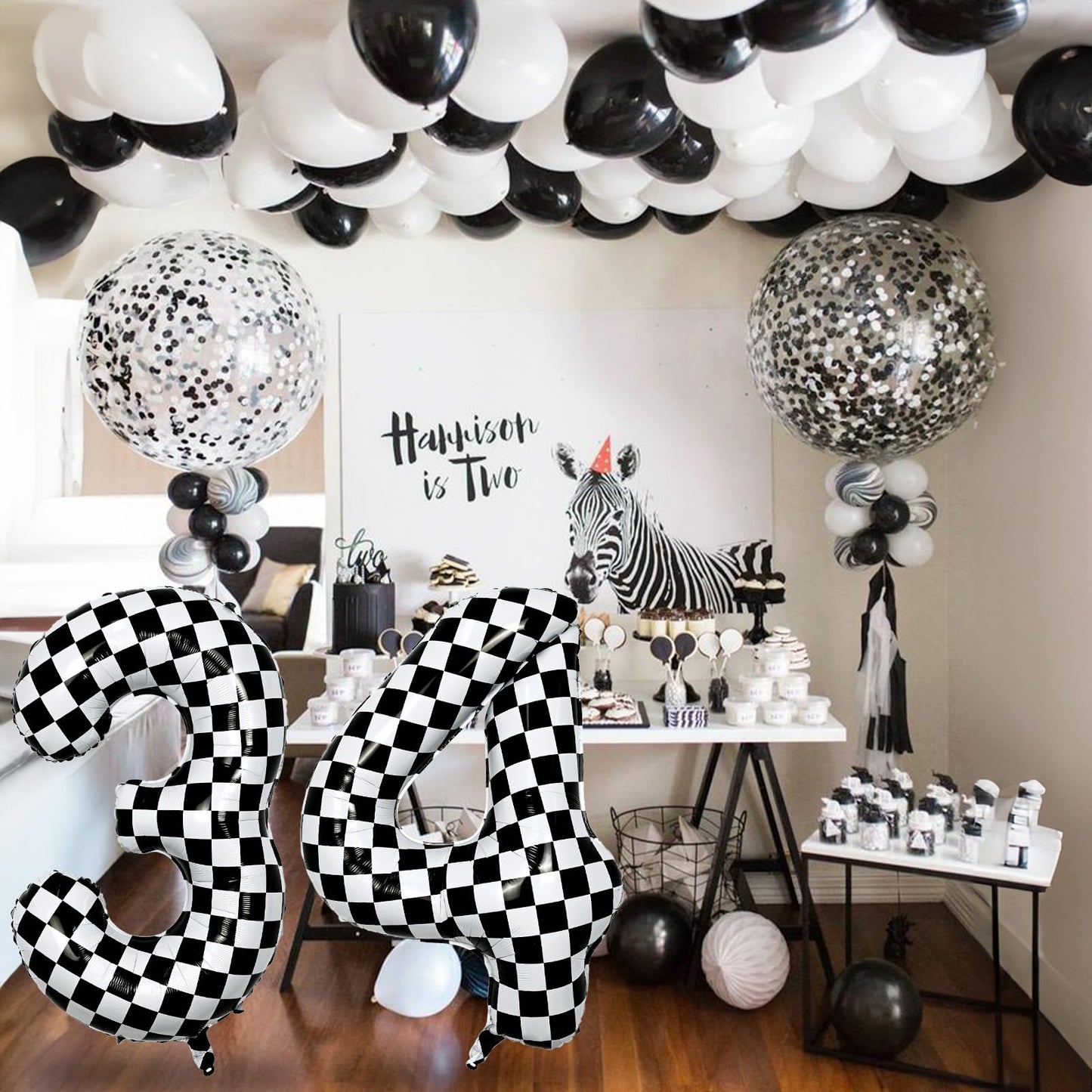 Foil 8Th Birthday Number Balloon, Large Checkered Helium 8 Racing Balloons Decor, 40 Inch Self Inflating Black And White Number
