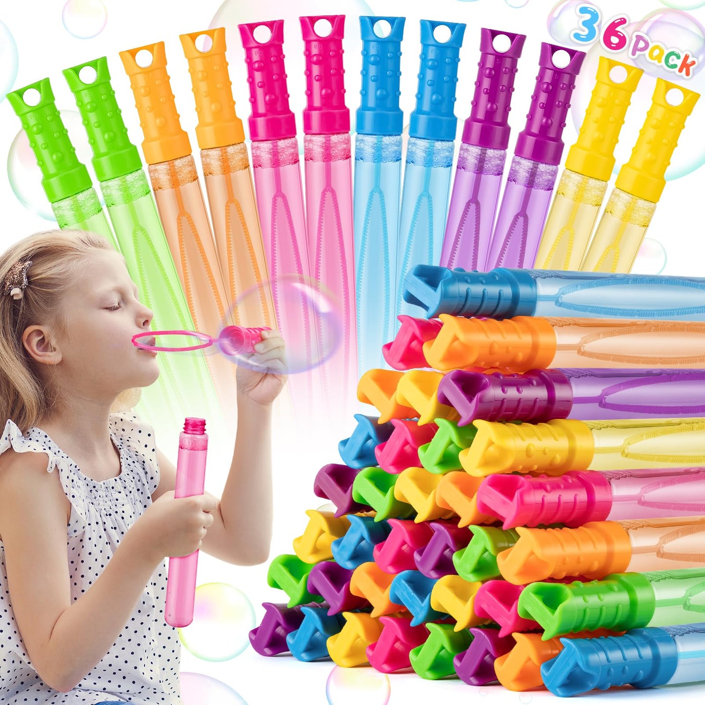 36 Pack Big Bubble Wands Bulk In 6 Colors, Ideal For Easter, Summer, Halloween, Valentine, School Classroom Prizes