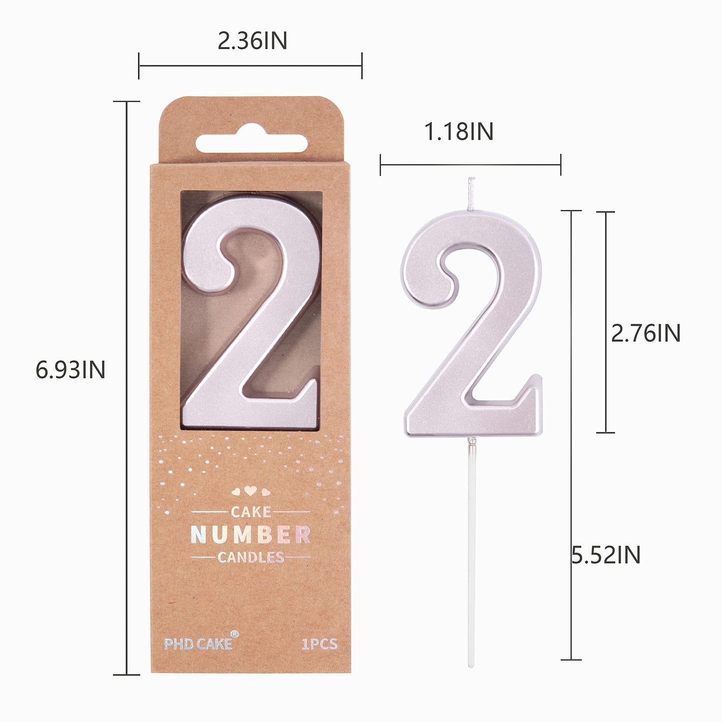 PHD CAKE 2.76 Inch Modern Rose Gold 2 Number Birthday Candles, Rose Gold Number Candles, Cake Number Candles, Party Celebration