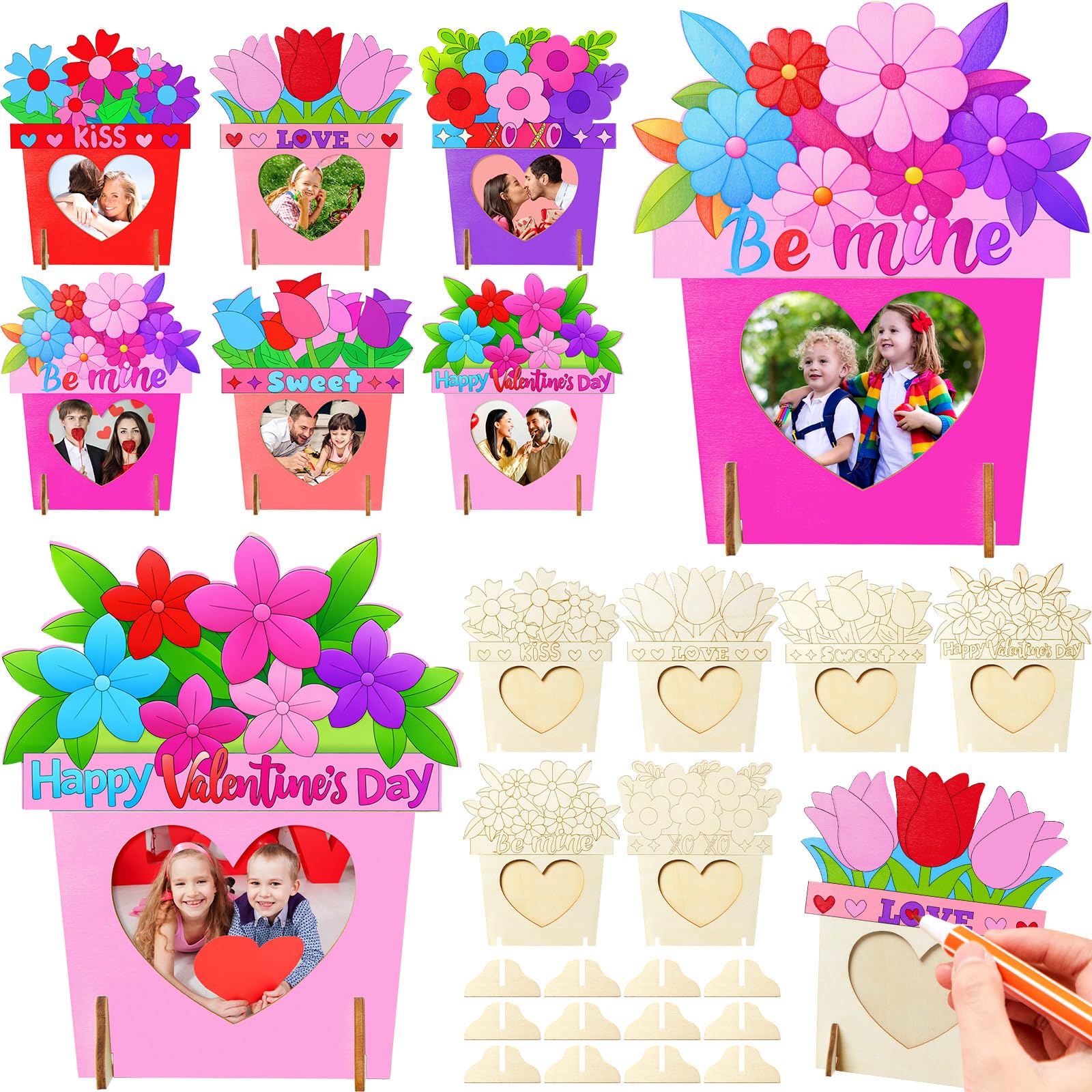 Geelin 12 Sets Valentines Day Wooden DIY Picture Frames Craft, Unfinished Heart Photo Frames to Paint for Valentines Day Craft