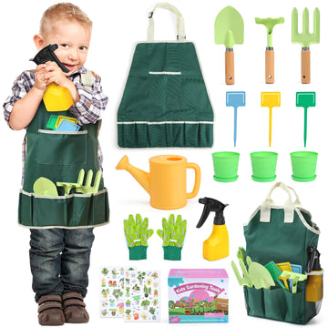 Cute Stone Kids Gardening Tool Set, 20Pcs Gardening Toys Includes Metal Rake,Fork,Trowel,Apron,Gloves,Watering Can,Tote Bag And Strickers, Garden Tool Kit For Kids, Outdoor Toys Gift For Boys Girls
