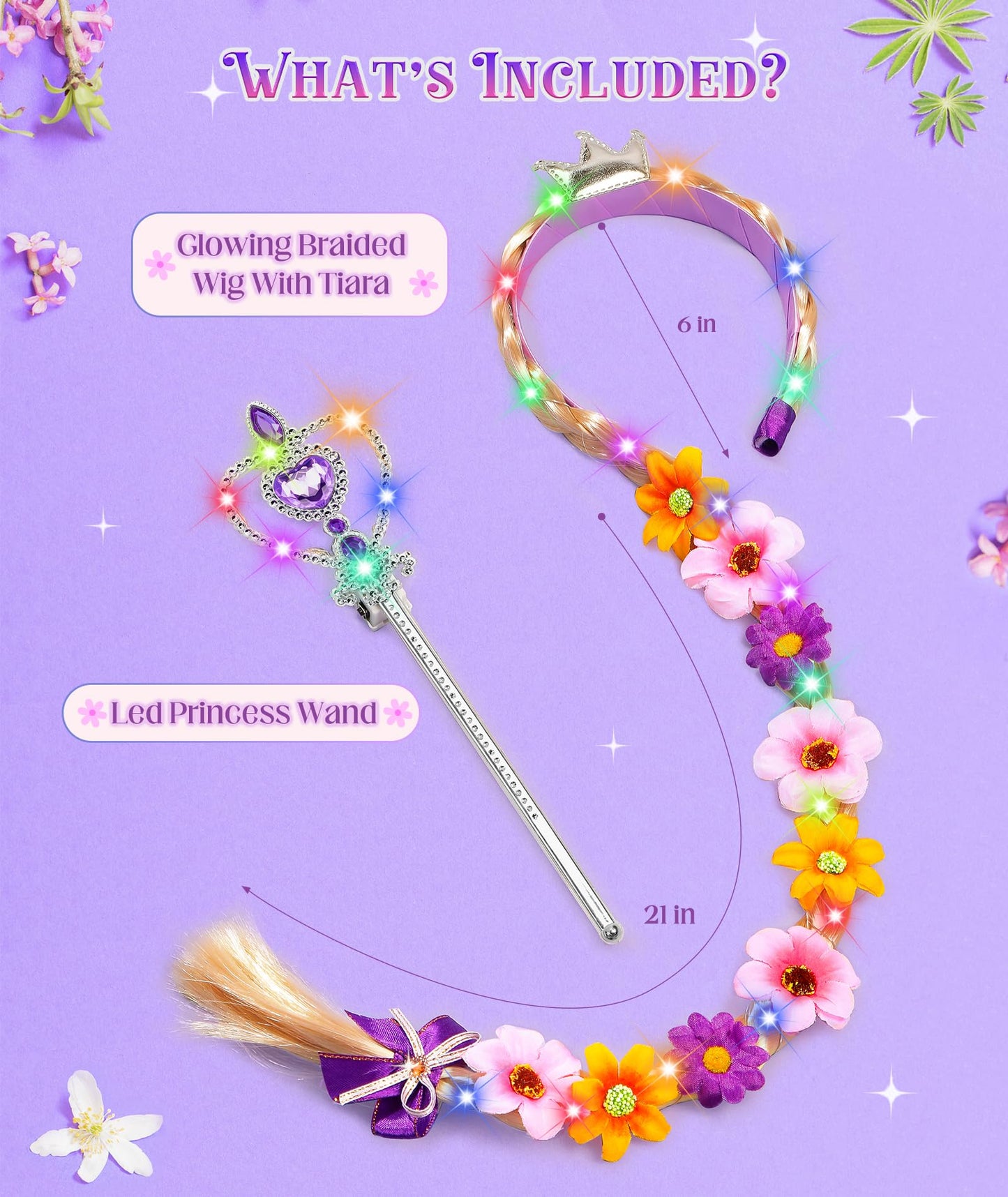 DUDUCOFU Princess Accessories with LED Lights for Little Girls, Glowing Braided Wig with Tiara Wand Toys for Girls Gift 3 4 5 6