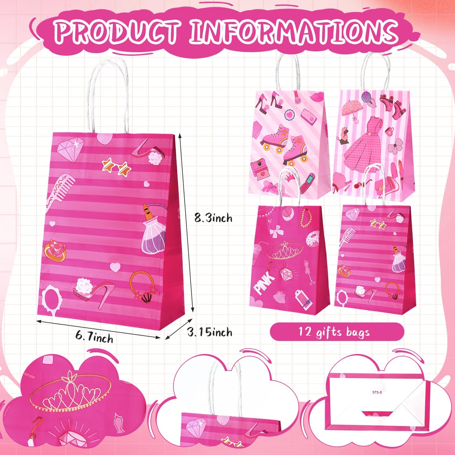 Fuyoooo 134 Pcs Hot Pink Princess Party Favors Kit for 12 People Pink Princess Party Supplies Include Gift Bags Mini Notepads Pe