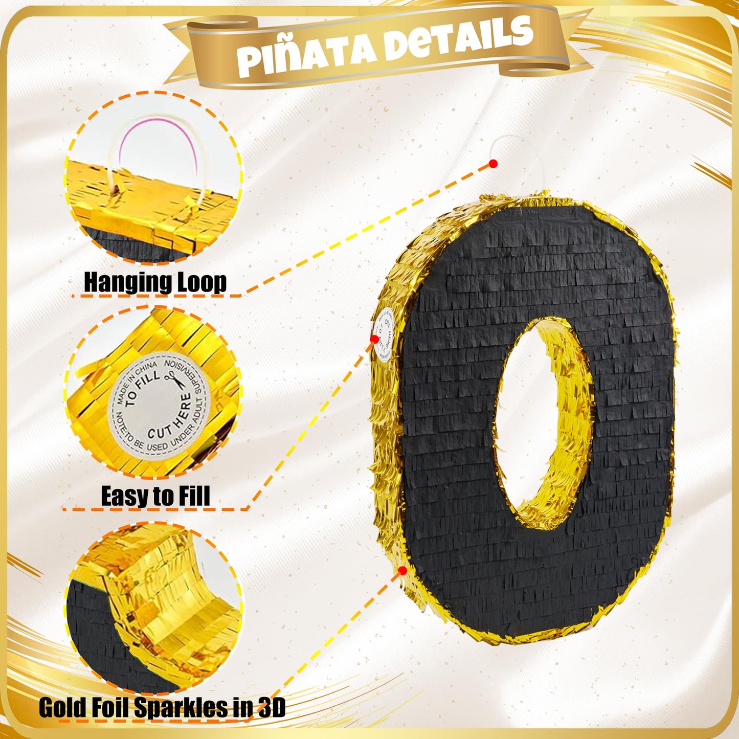 PCFING 20 Inch Number 8 Piata Gold Black with 30 Inch Piata Stick Blindfold Confetti for Man Women Kids Birthday Party Decoratio