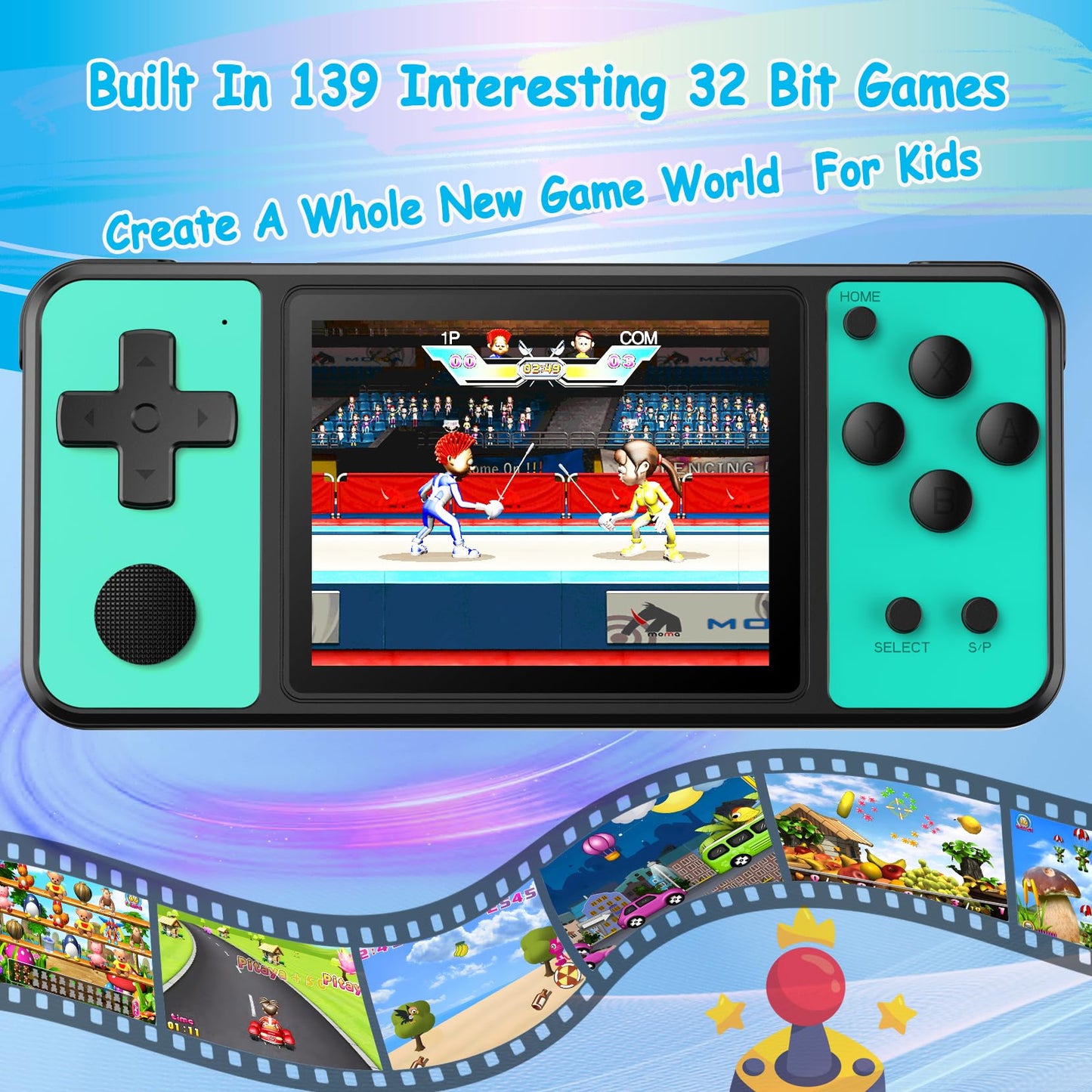 TEBIYOU 32 Bit Handheld Games for Kids Built-in 139 Video Games, 3.0'' IPS Screen Rechargeable Travel Toys for Ages 4-13, Mini E