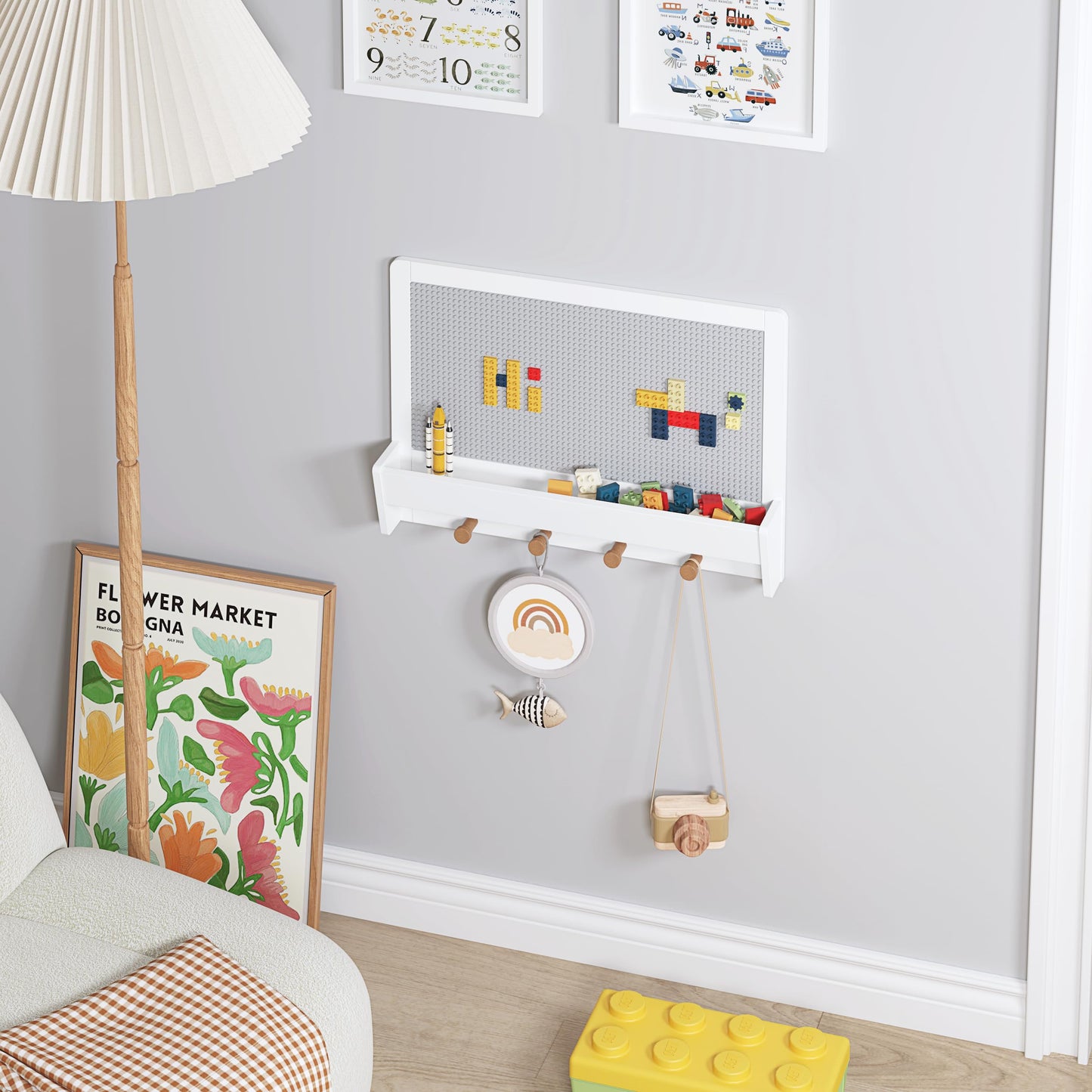 Utex 2 In 1 Building Block Wall For Lego, Activity Wall Panel For Kids With Shelf And Hooks, Wood Kids Wall Shelf For Kids Room, Playrooom, Nursery