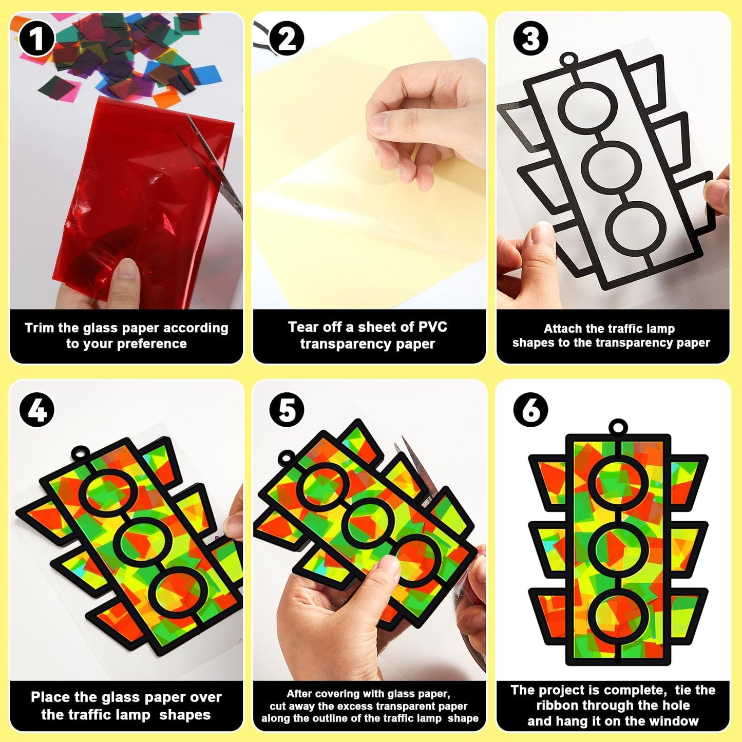 QOUBAI 32 Sets Traffic Light Suncatchers Craft Kit DIY Window Stained Glass Effect Traffic Lamp Paper Crafts Home School Classro