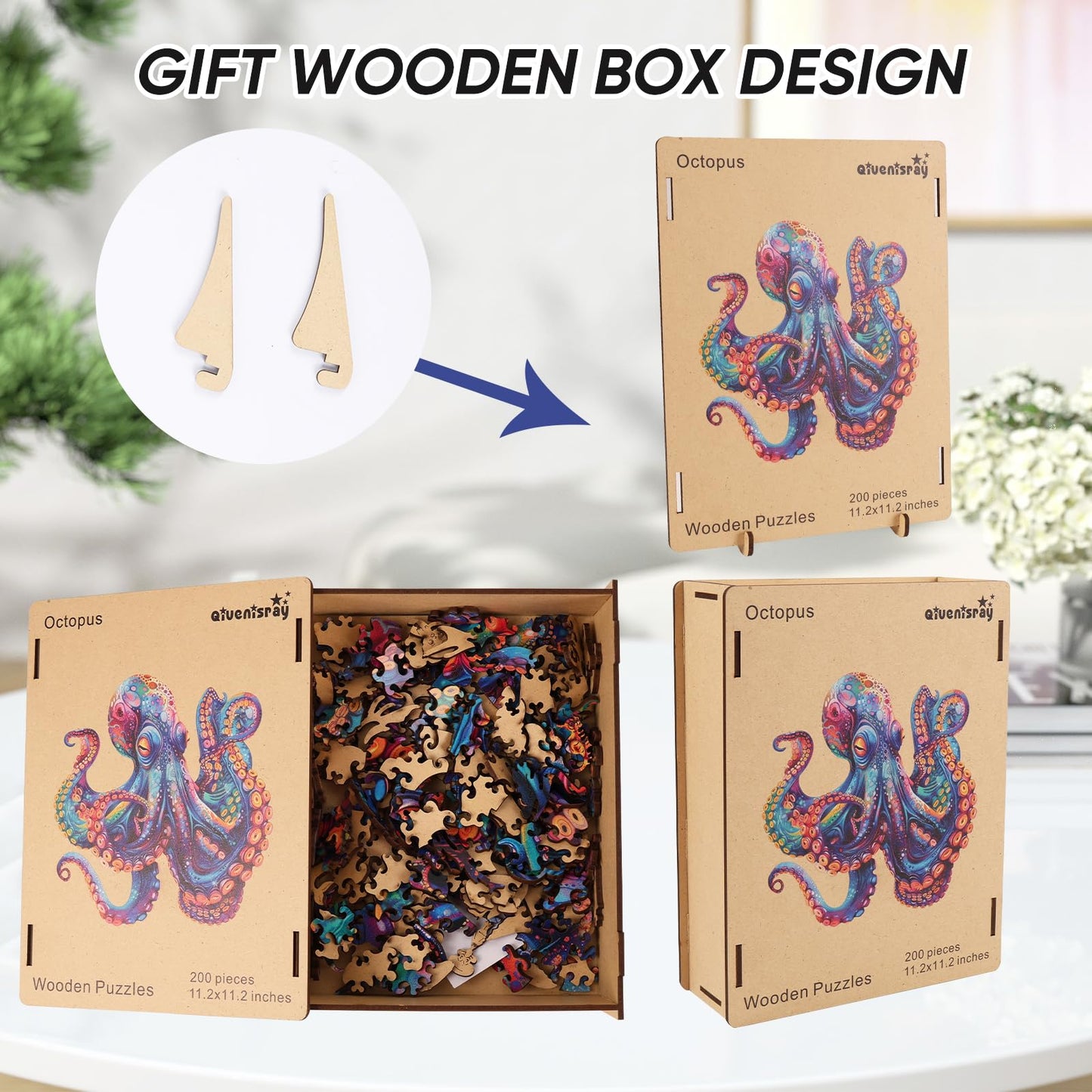 Qiuenisray Wooden Puzzles For Adults,Octopus Wooden Jigsaw Puzzles 200Pcs,11.2X11.2In,Medium,Unique Shape Adult Puzzles,Irregula