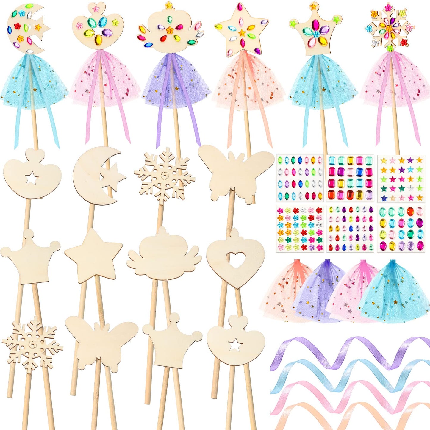 34 Pcs Make Your Own Princess Wand Kit 16 Unfinished Star Butterfly Crown Moon Fairy Wood Stick 6 Gem Stickers 4 Satin Ribbons 8