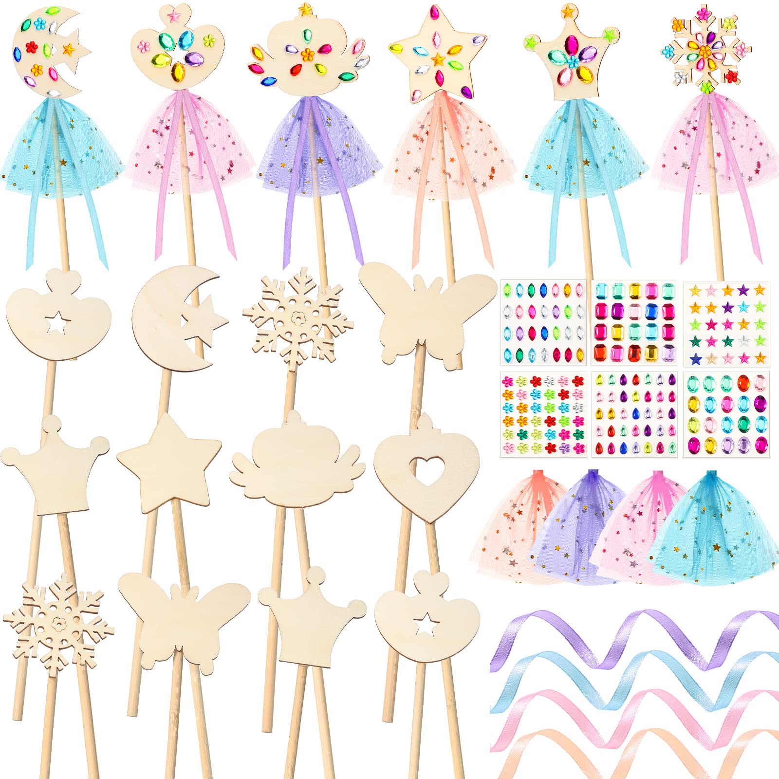 34 Pcs Make Your Own Princess Wand Kit 16 Unfinished Star Butterfly Crown Moon Fairy Wood Stick 6 Gem Stickers 4 Satin Ribbons 8
