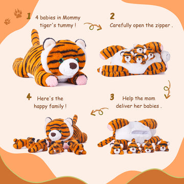 Earthsound Tiger Mom And Baby Stuffed Animal Mommy Plush Toy,16   Cute Small Mama Soft Toy With Mini Little Babies,Family Set Gi