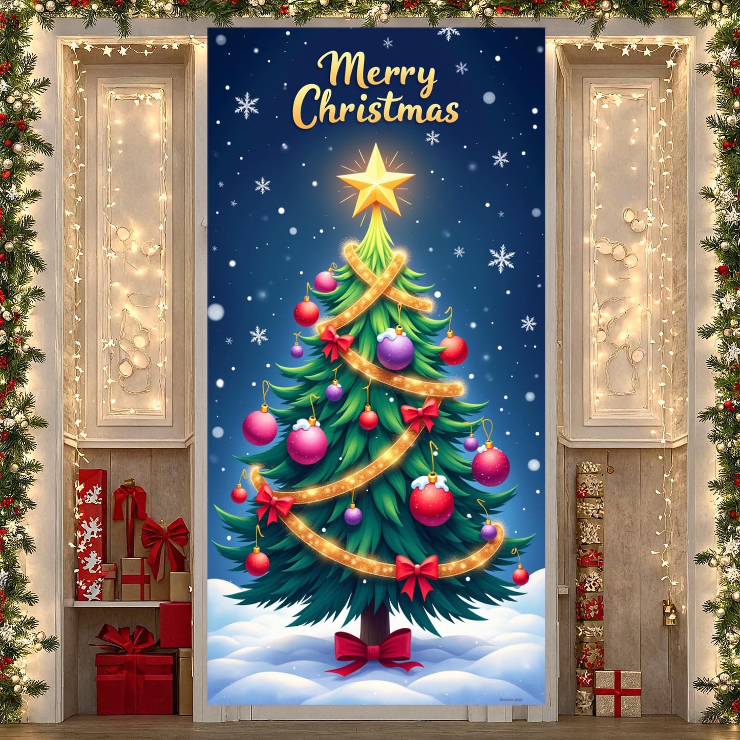 Blue Christmas Tree Door Cover Large Merry Christmas Door Banner Xmas Tree Hanging Backdrop Decorations with Snow Star Tree Xmas