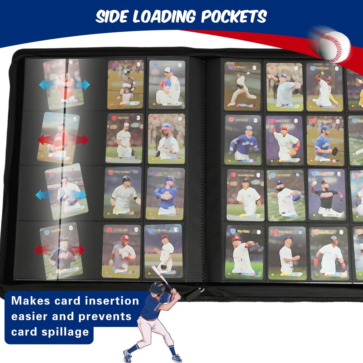 Baseball Card Binder 16 Pocket  enhanced 1000+ Cards PU Cover Trading Sports Card Binder Side Loading Card Holder Collection Album Folders