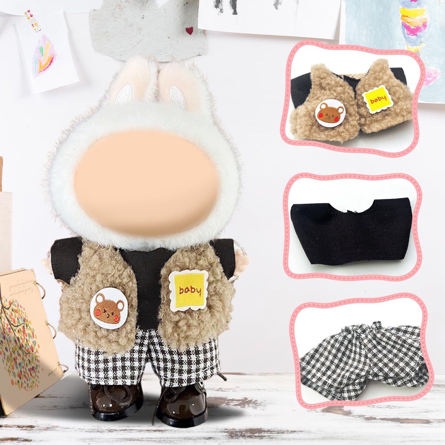 17cm Doll Clothes Labubu Clothes for 6.7inch(17cm) Dolls enhanced Doll Outfit with Hat and Accessories(Clothes Only) (Black Brown White)