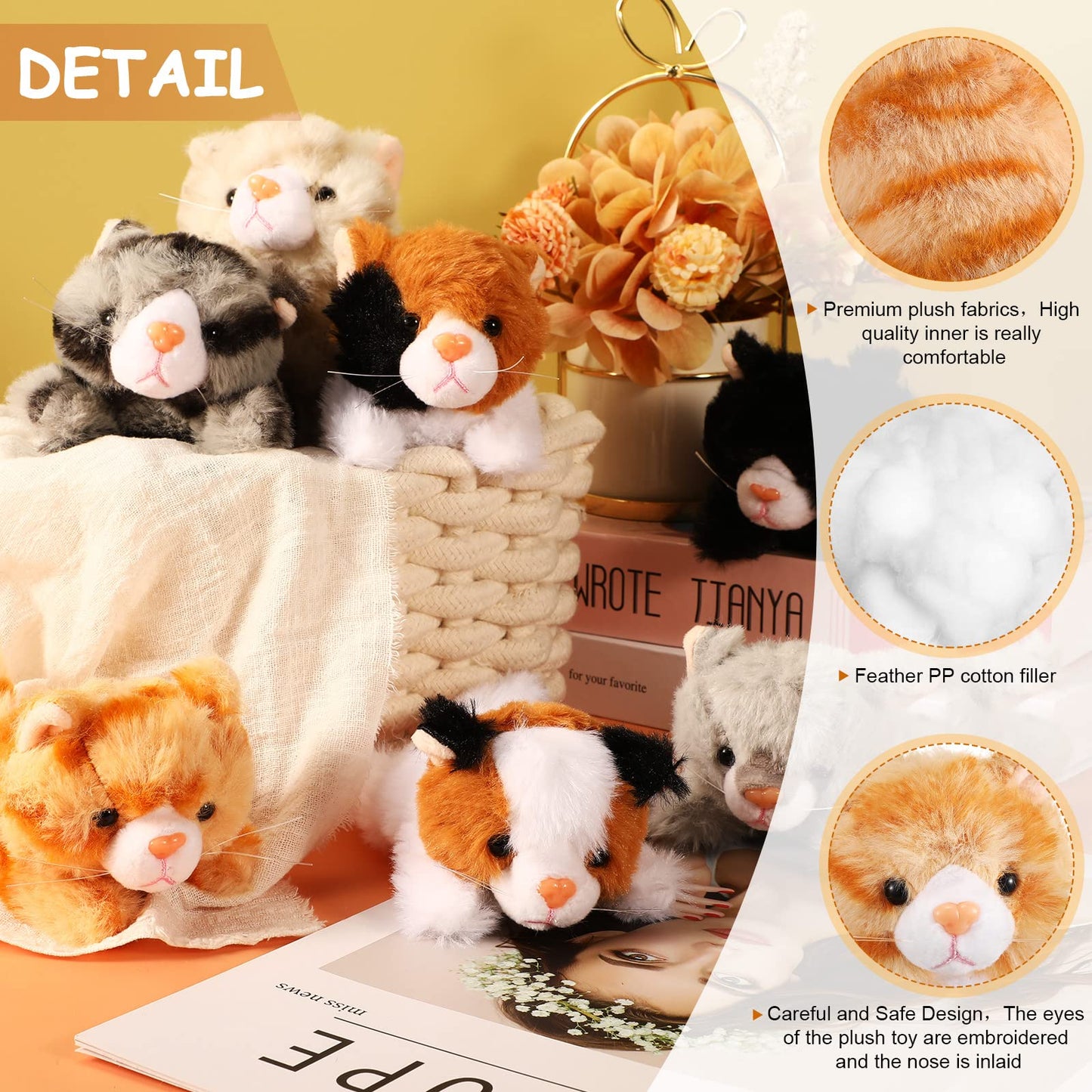 8 Pieces 5 Inch Stuffed Animals Bulk Assorted Cute Stuffed Pet Plush Toys Small Plush Animals For Halloween Kid Classroom School Pet Party Favors Supplies Decoration (Lying Cat)