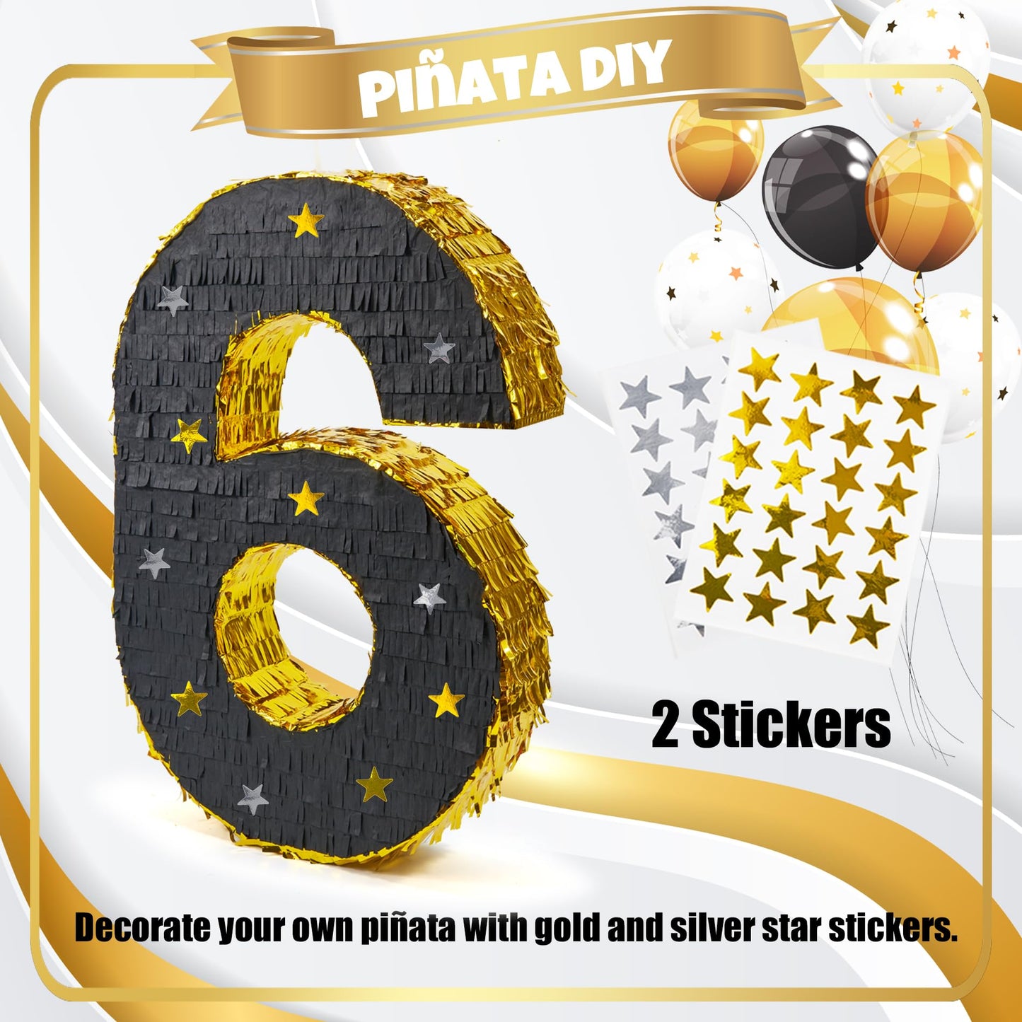 PCFING 20 Inch Number 6 Piata Gold Black with 30 Inch Piata Stick Blindfold Confetti for Man Women Kids Birthday Party Decoratio