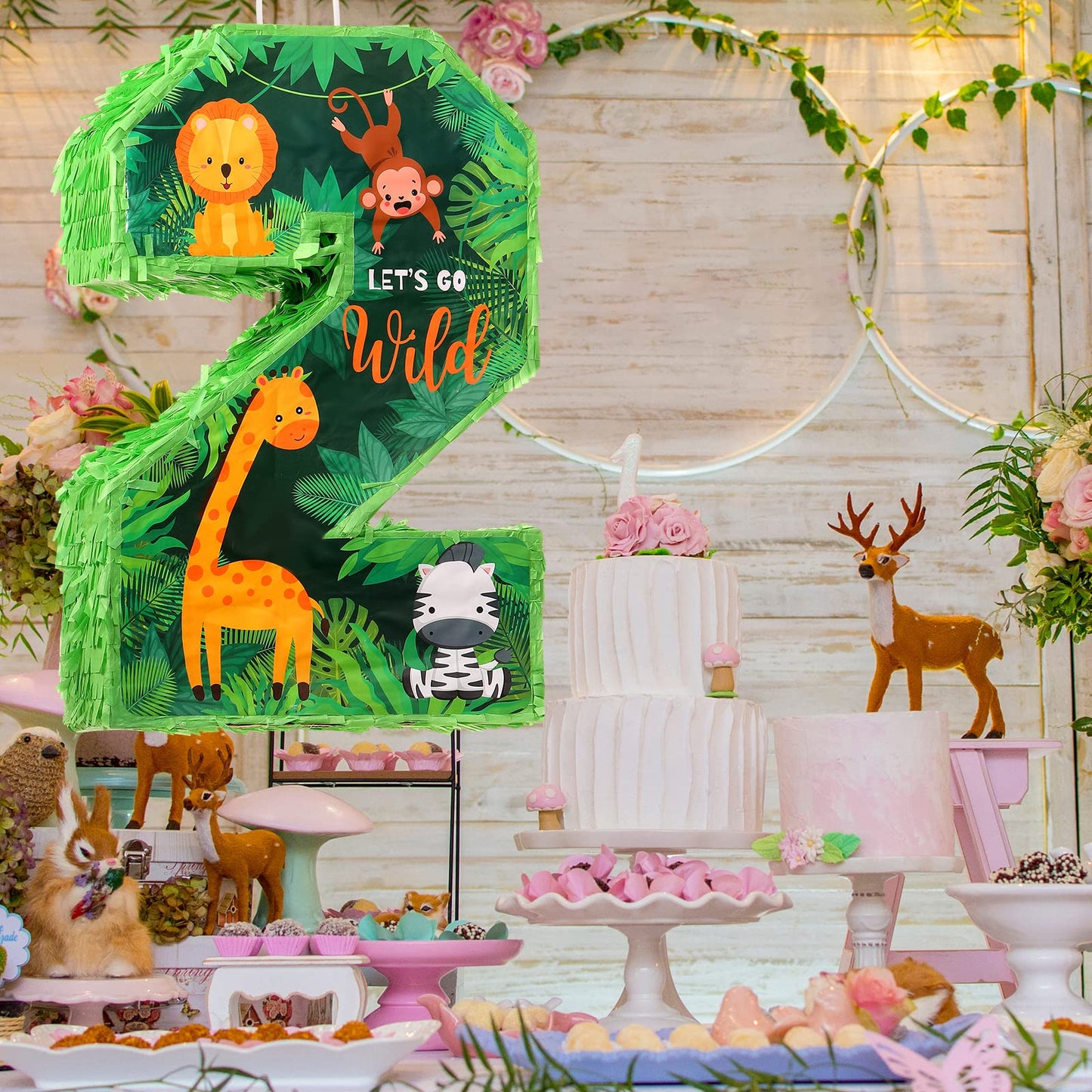Jexine 3 Pcs 16 Inch Animal Number 2 Piata Jungle Animals Number Two Piata with Blindfold Bat and Confetti for Boy Zoo Themed 2n