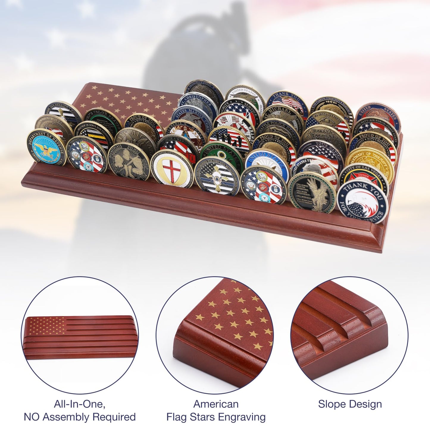 Liuyalo 6-Row Challenge Coin Display With United States Flag, Challenge Coin Holder Made Of 100% Solid Wood