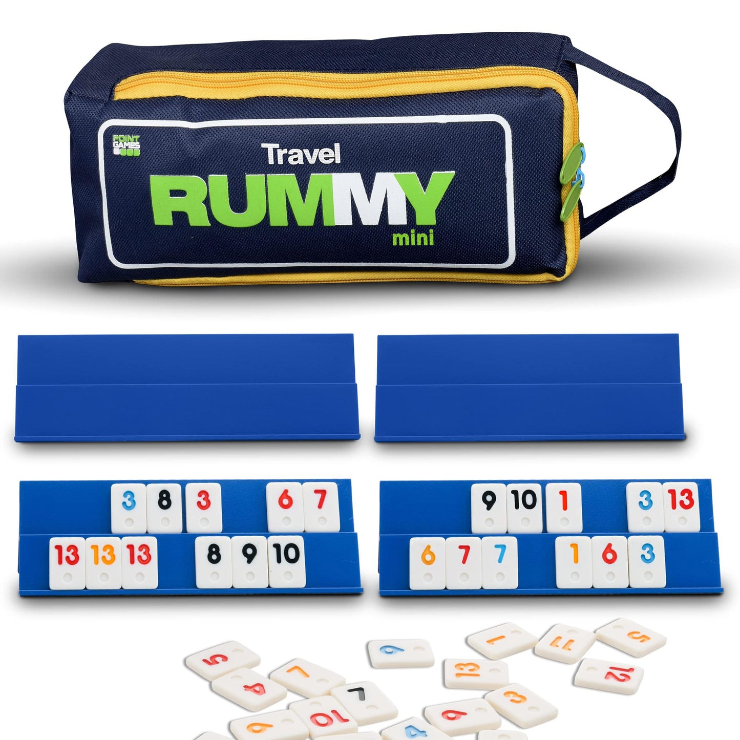 Point Games Classic Mini Rummy Game Set with 4 limited availability Folding Playing Racks in Super Durable Travel Bag  for 2-4 Players Great Gift for mature-themeds and Kids