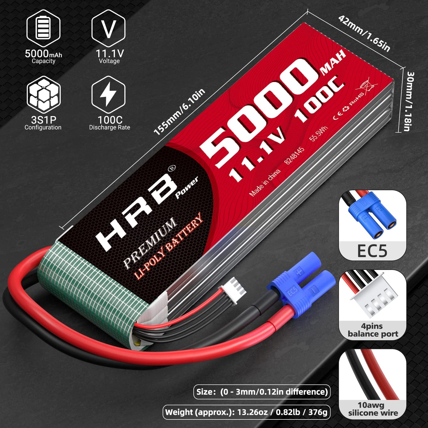 HRB 3S 5000mAh Lipo Battery EC5 100C 11.1V RC Lipo Battery Compatible with RC Car RC Plane RC Truck RC Boat (2packs)