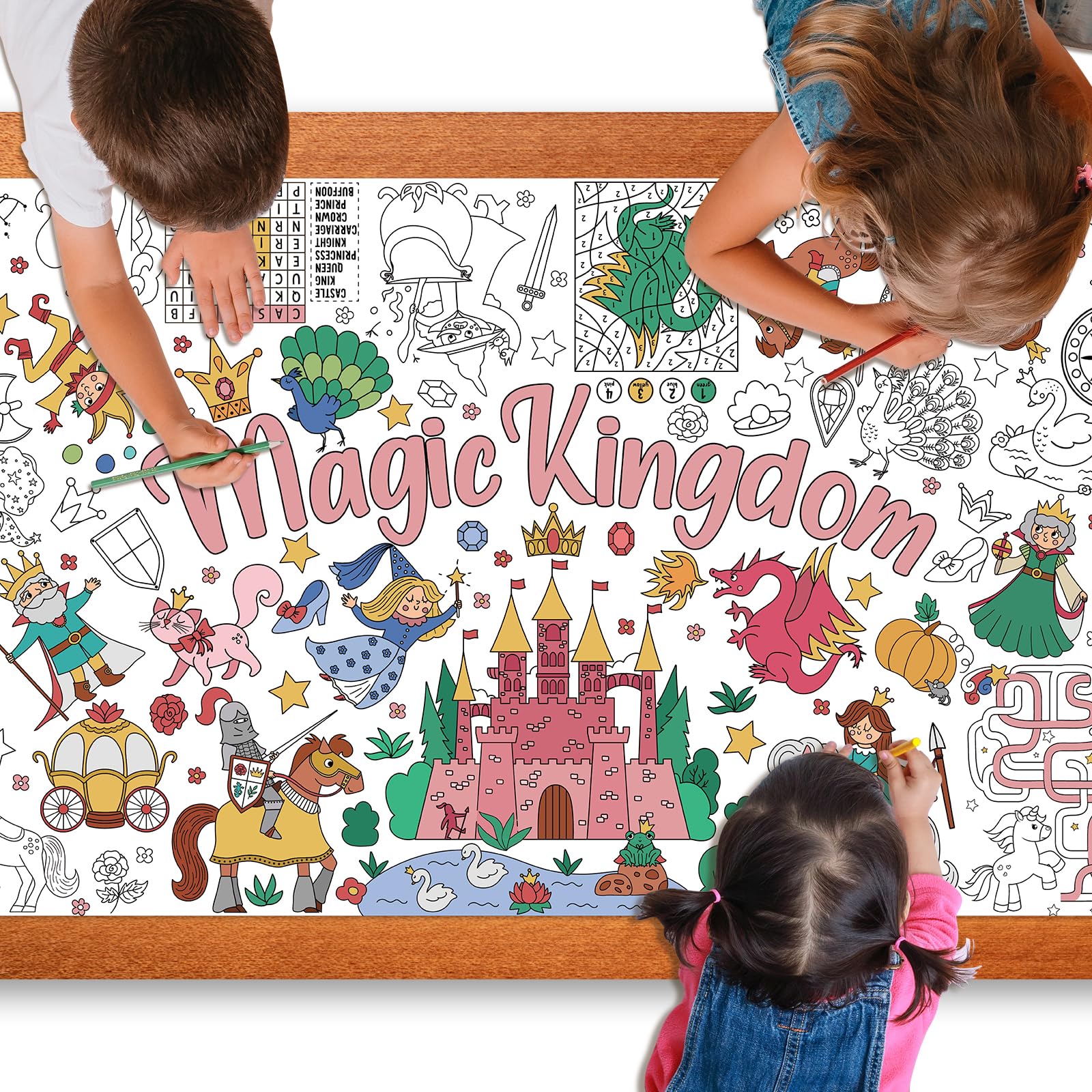 Magic Kingdom Giant Coloring Poster For Kids 30 X 72 Inch, Princess Large Coloring Poster Tablecloth, Fairy Themed Color-In Acti