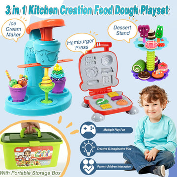 COREPR Toys 62 Pcs 3 in 1 Color Dough Kitchen Creations Food Modeling Playset with Portable Box,Ice Cream Hamburger Maker Machin