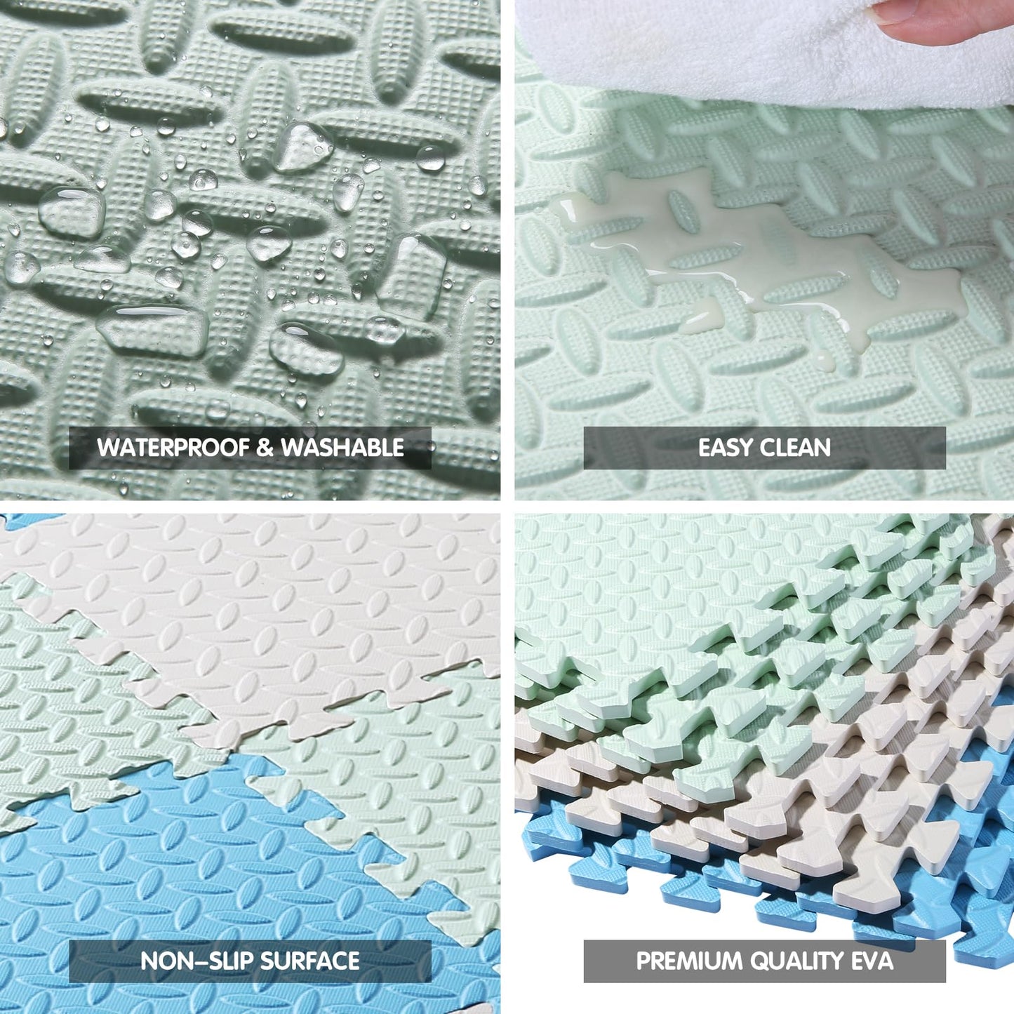 Tamiplay Foam Play Mat For Baby, Eva Soft Non-Toxic Baby Playmat, Interlocking Floor Mats, Solid Colored Foam Puzzled Floor Mats, Baby Play Mat Exercise Mats, 16 Tiles(White/Green/Light Blue)