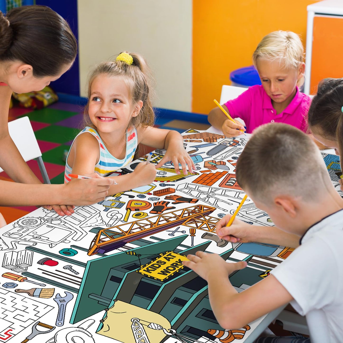 Gatherfun Construction Party Giant Coloring Poster - 31.5X 72 Inches - Versatile Classroom Wall D  Cor & Birthday Activity - Con